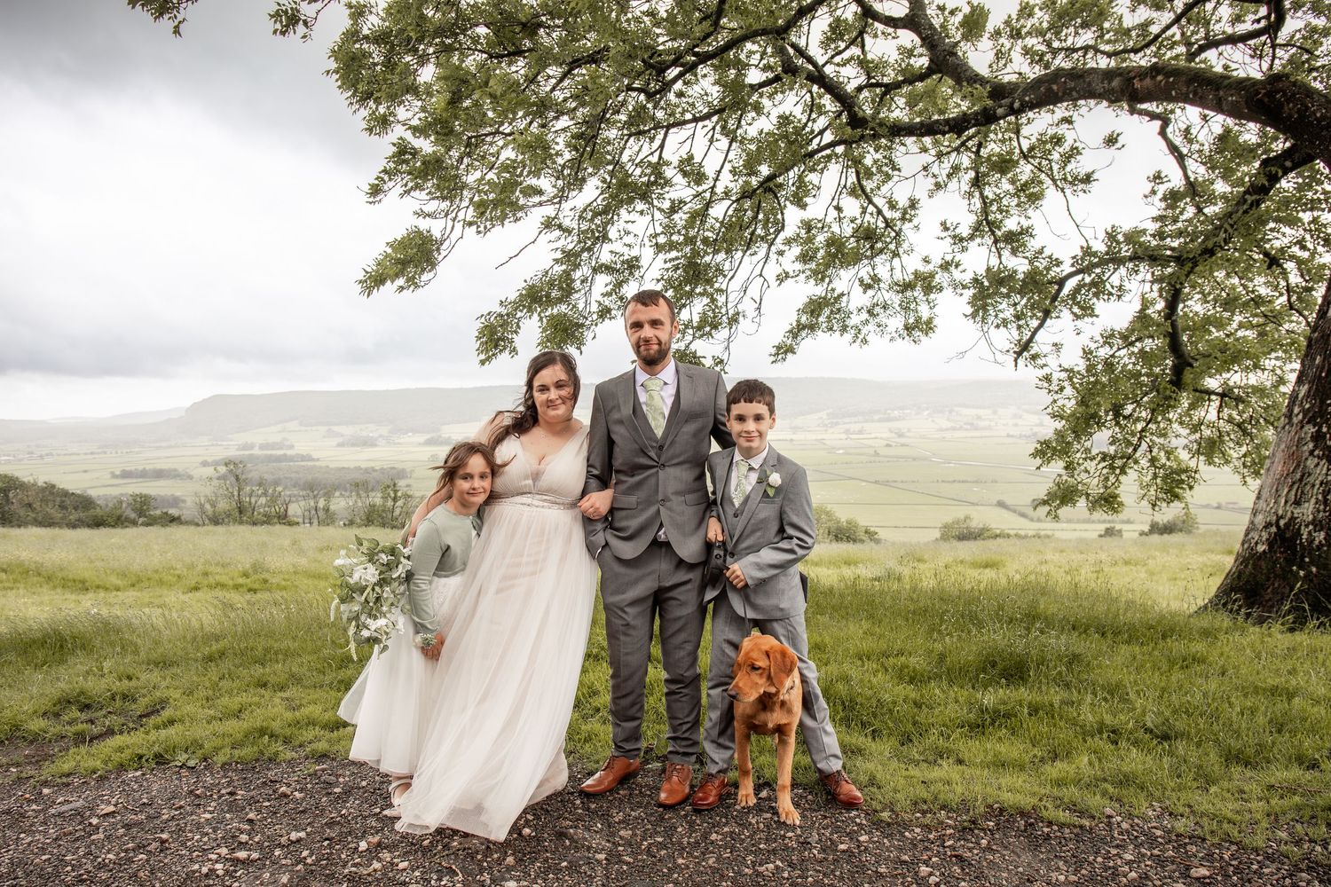Wedding family portrait with bride, groom, two children, and a dog on a scenic green hillside.
