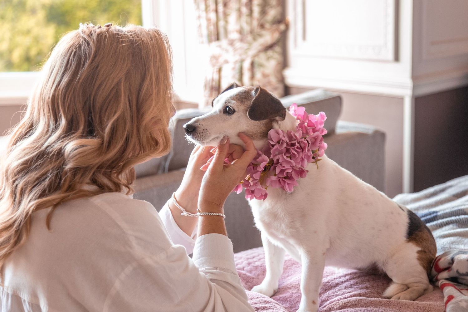 Blonde woman interacting with Jack Russell terrier wearing pink flowers.