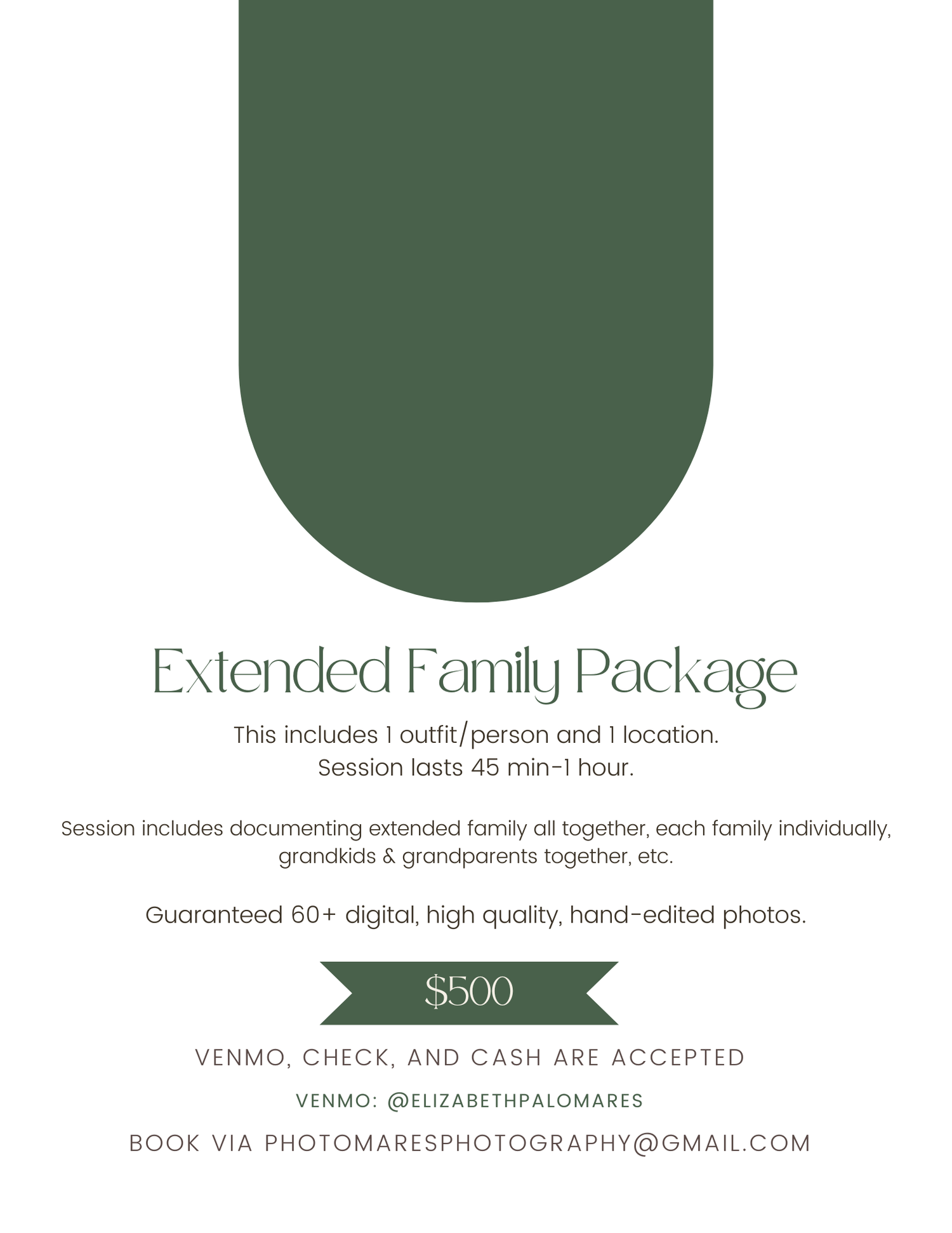 Extended Family Photography Package flyer offering 60+ edited digital photos, 1 outfit, 1 location, 45min-1hr session for $500.