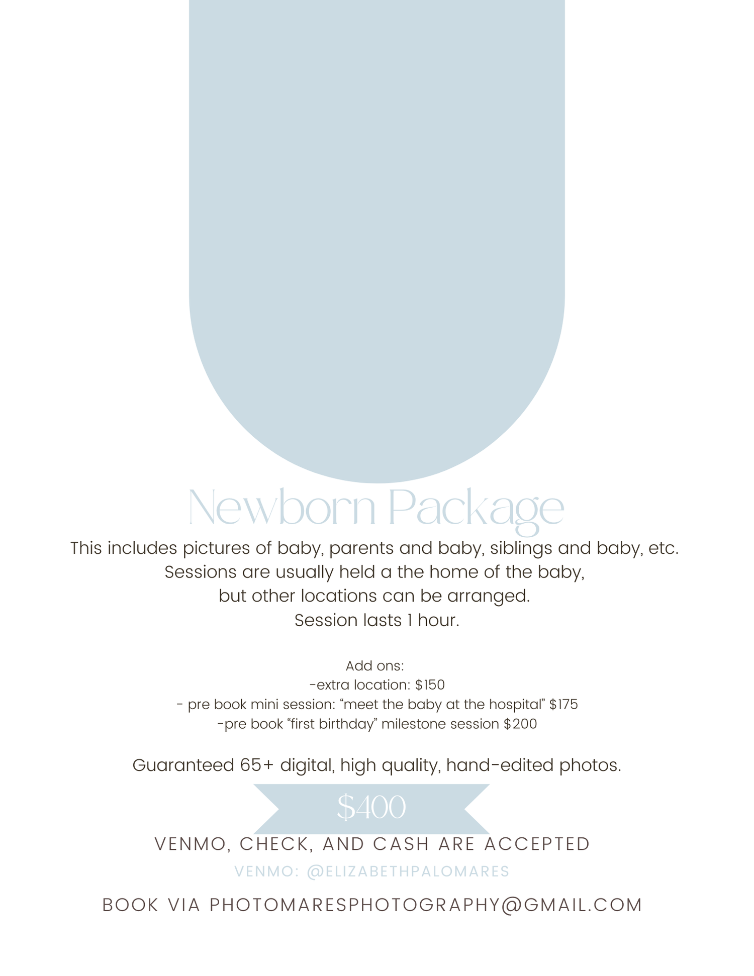 Newborn photography package flyer offering 65+ digital photos for $100, with add-ons like extra locations and milestone sessions.