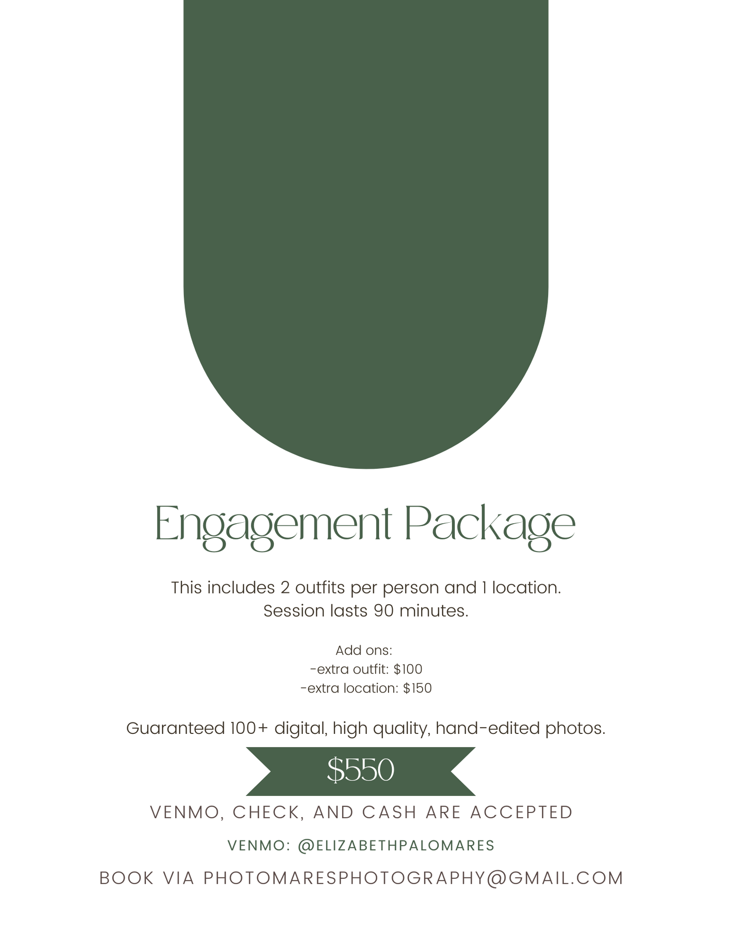 Engagement photography package flyer offering 2 outfits, 1 location, 90-min session, 100+ edited photos for $550.