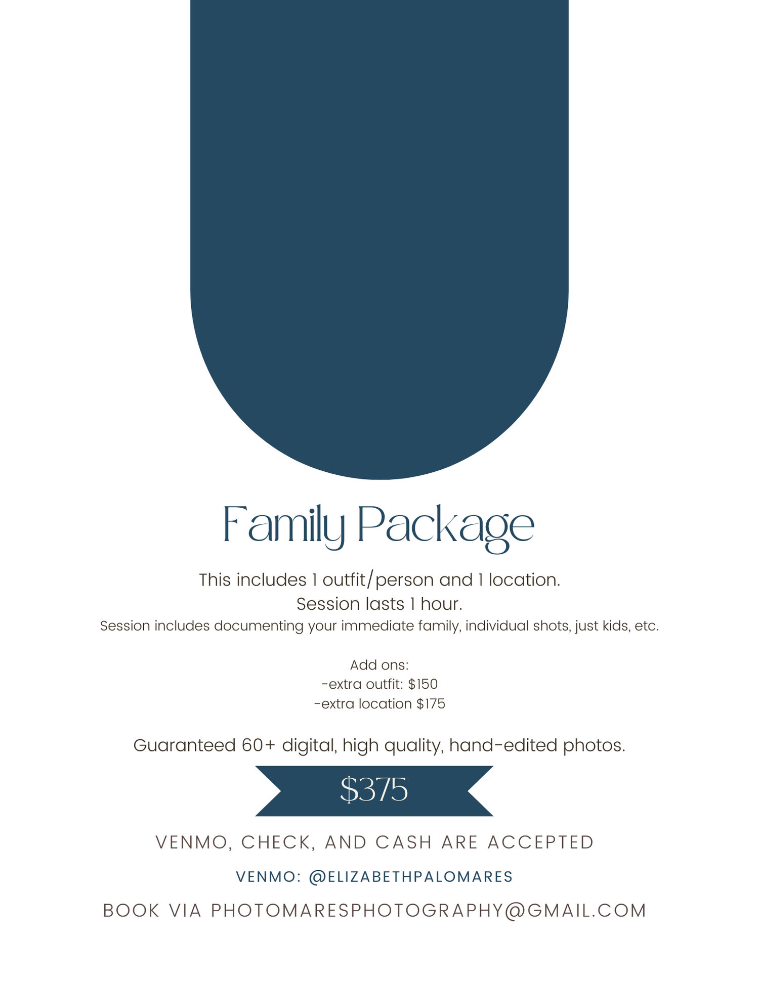 Family photography package flyer showing pricing at $375 for 1-hour session with 60+ digital edited photos.