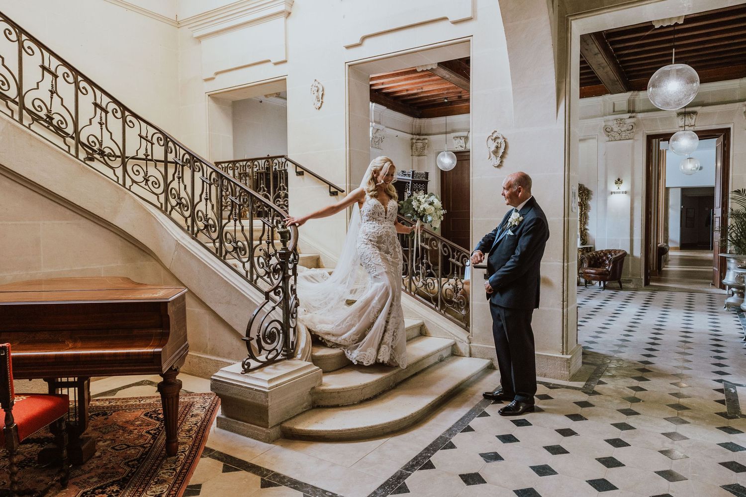 A collection of wedding photos showing elegant scenes inside a grand building with marble floors and ornate staircases.