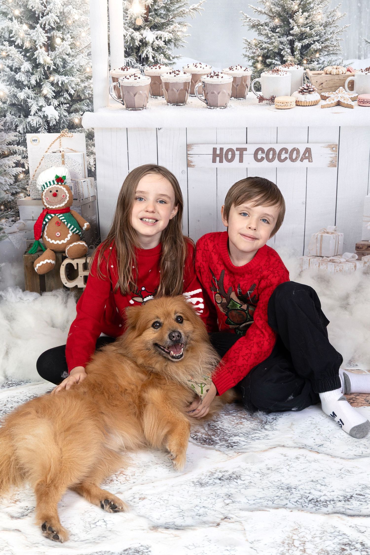 Two children in red Christmas sweaters pose with a Pomeranian dog near a festive hot cocoa display.