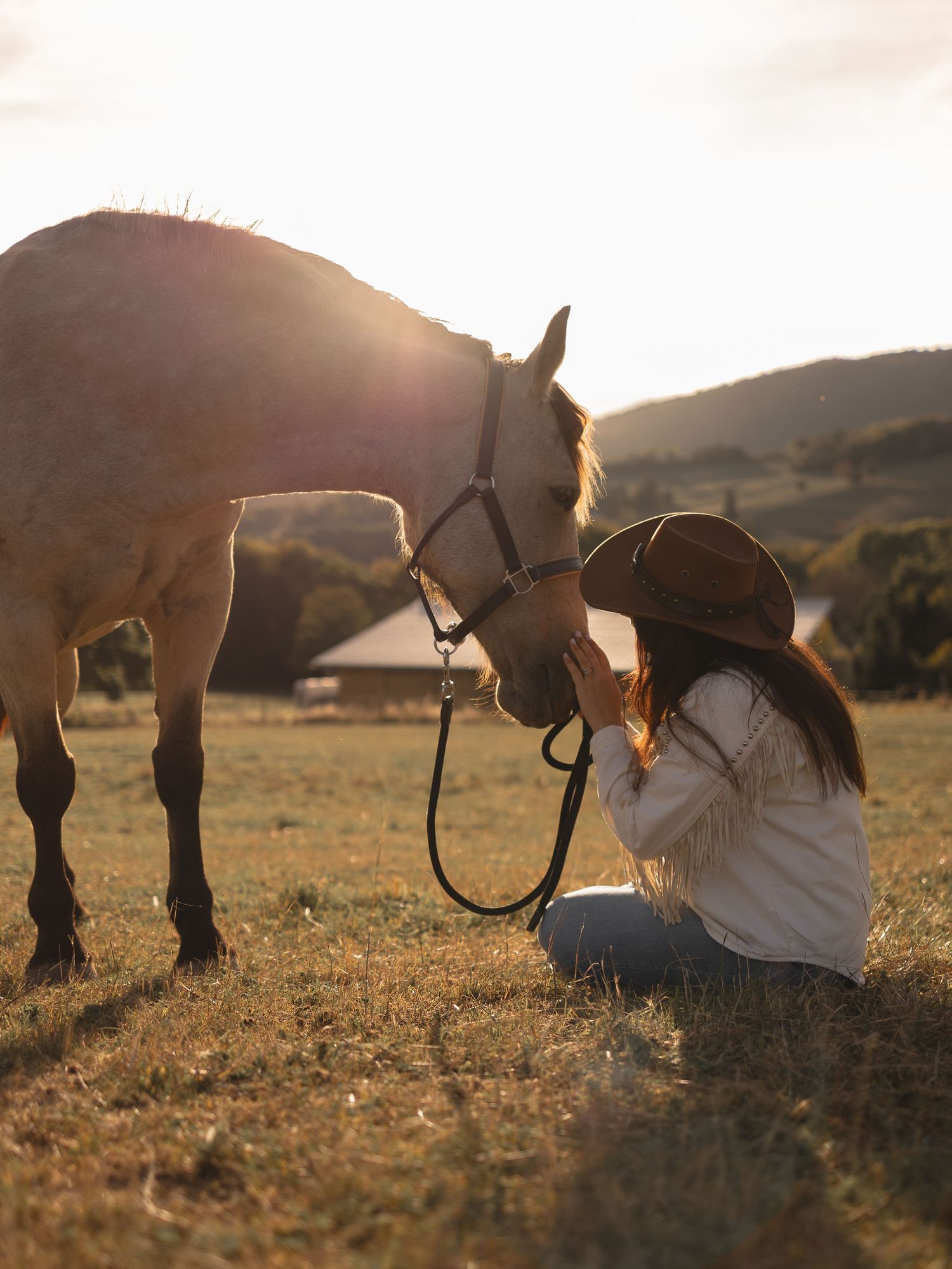 Woman in cowboy hat sitting on grass bonding with a palomino horse at golden sunset on a rural farm.