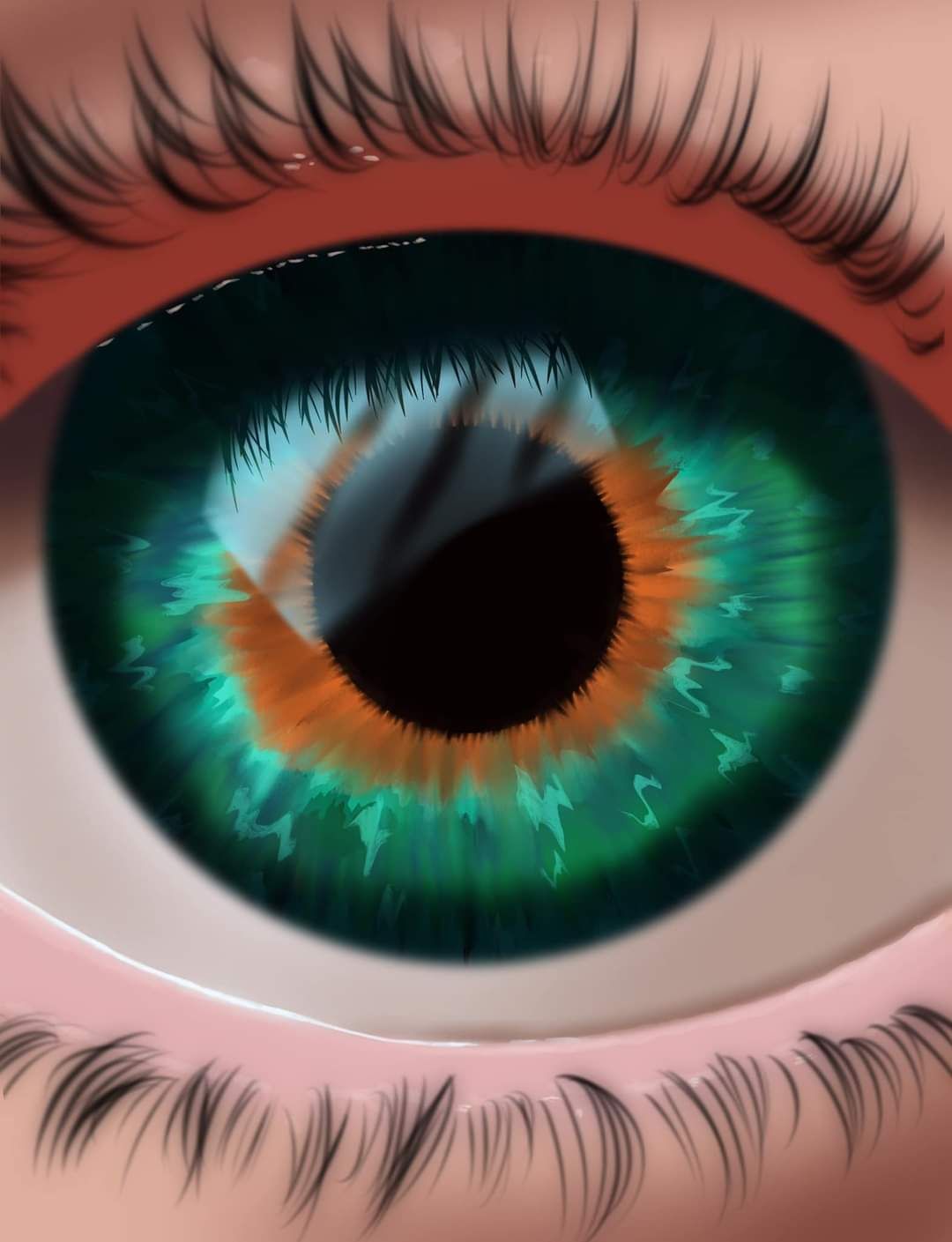 A detailed digital art illustration of a human eye with teal and orange iris and dark lashes.