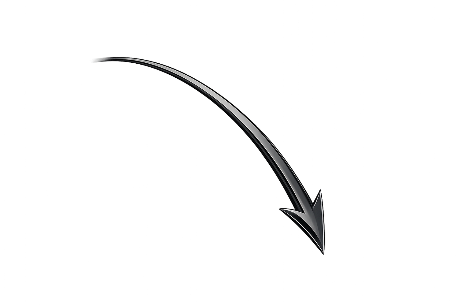 A curved black arrow pointing downward to the right on a white background.