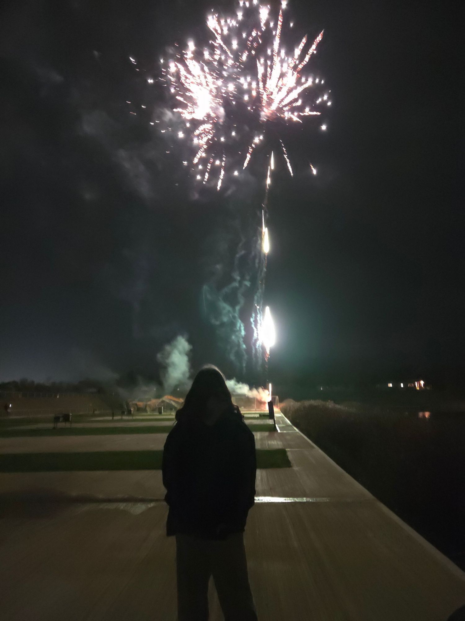 Person standing alone watching a vibrant fireworks display over a waterfront at night.
