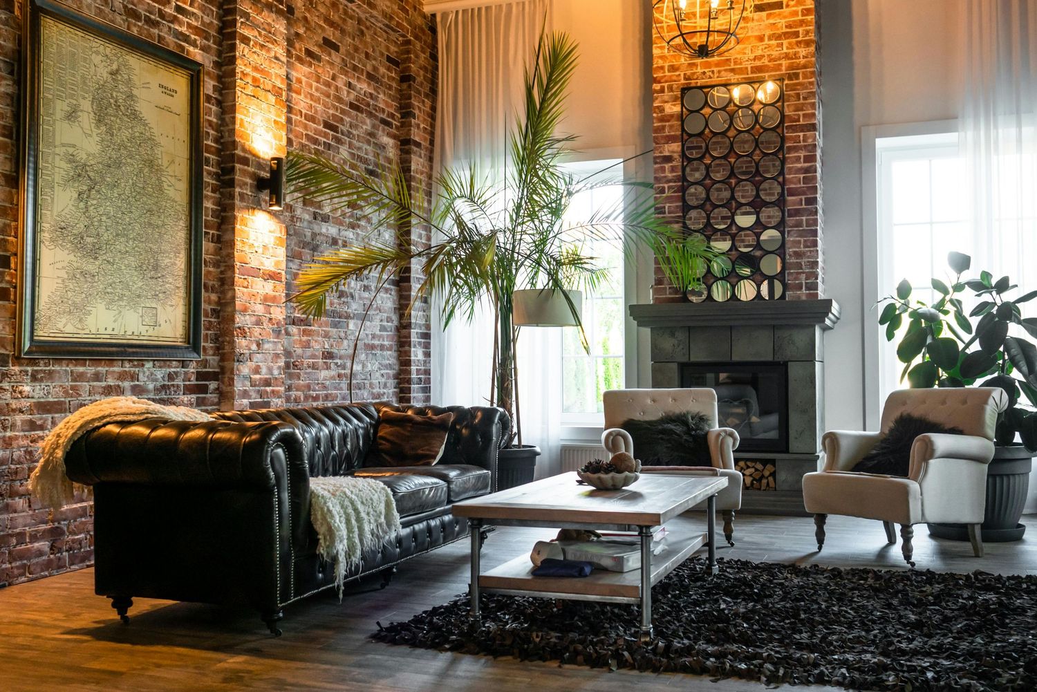 Regular or deep cleaning of apartments in Canberra. Industrial style apartment with brick wall. Plants to soften corners.
