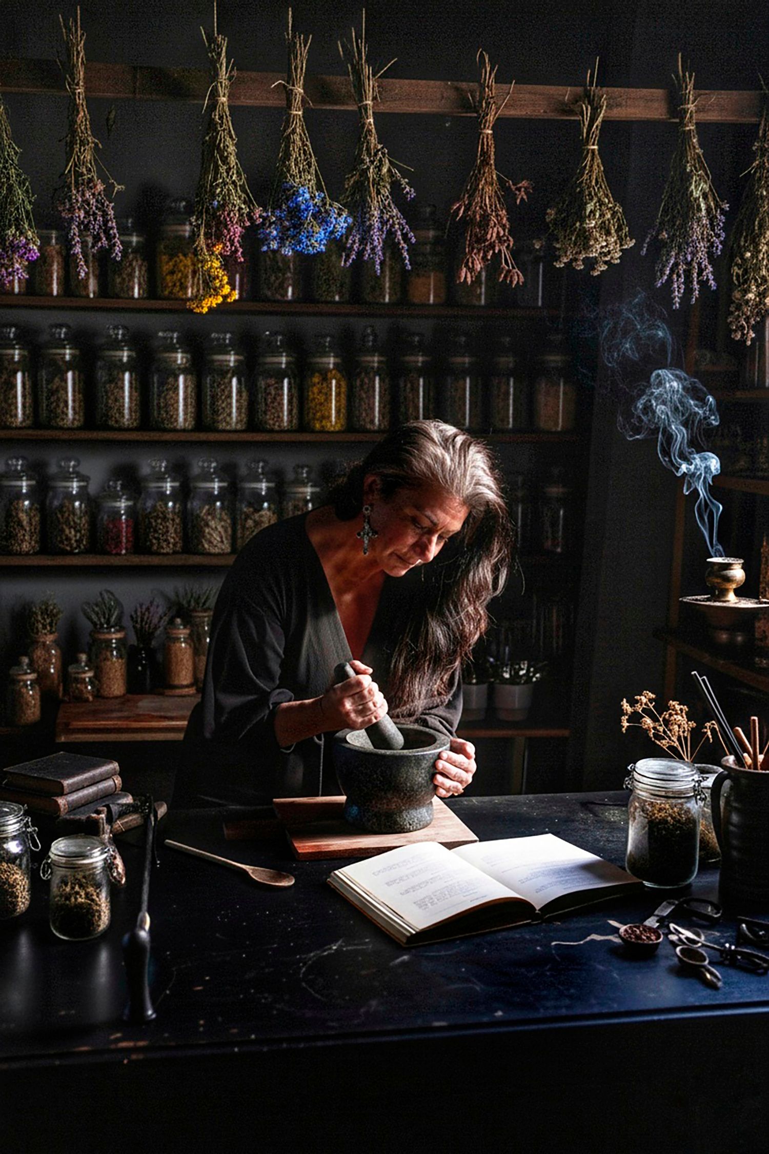 Ilona in her apothecary kitchen with her pestle and mortar. Dried flowers hanging above and shelves of jars filled with herbs behind her.