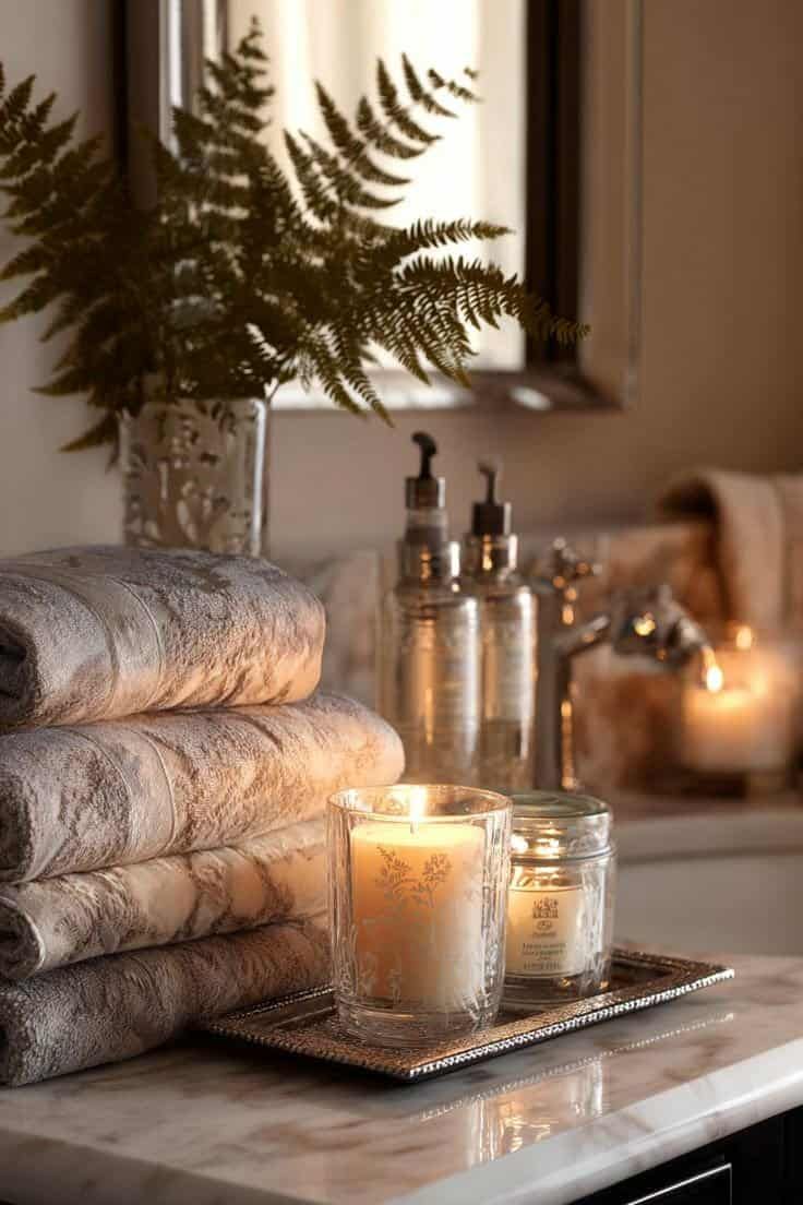 A golden candle lit clean bathroom. Bathroom cleaning in Canberra and Bowral. High end housekeeping for HNW households.