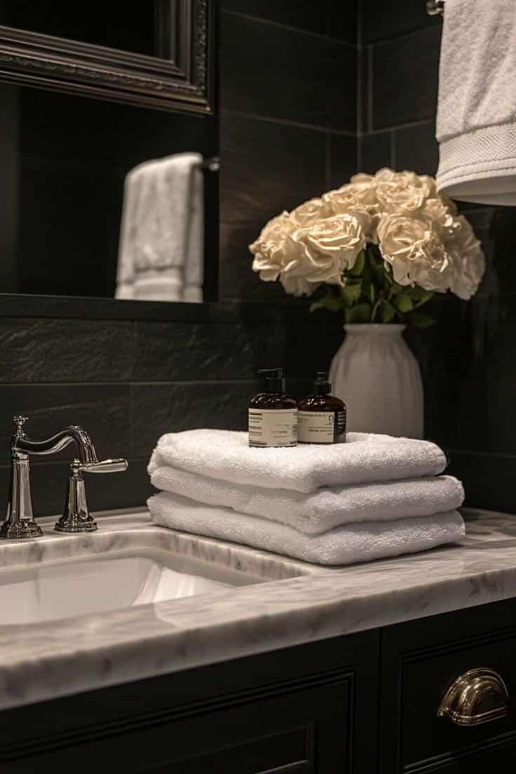 Dark upmarket bathroom. Stack of fluffy white ttowels folded on the stone basin counter. A vase of fresh flowers are next to the basin.
