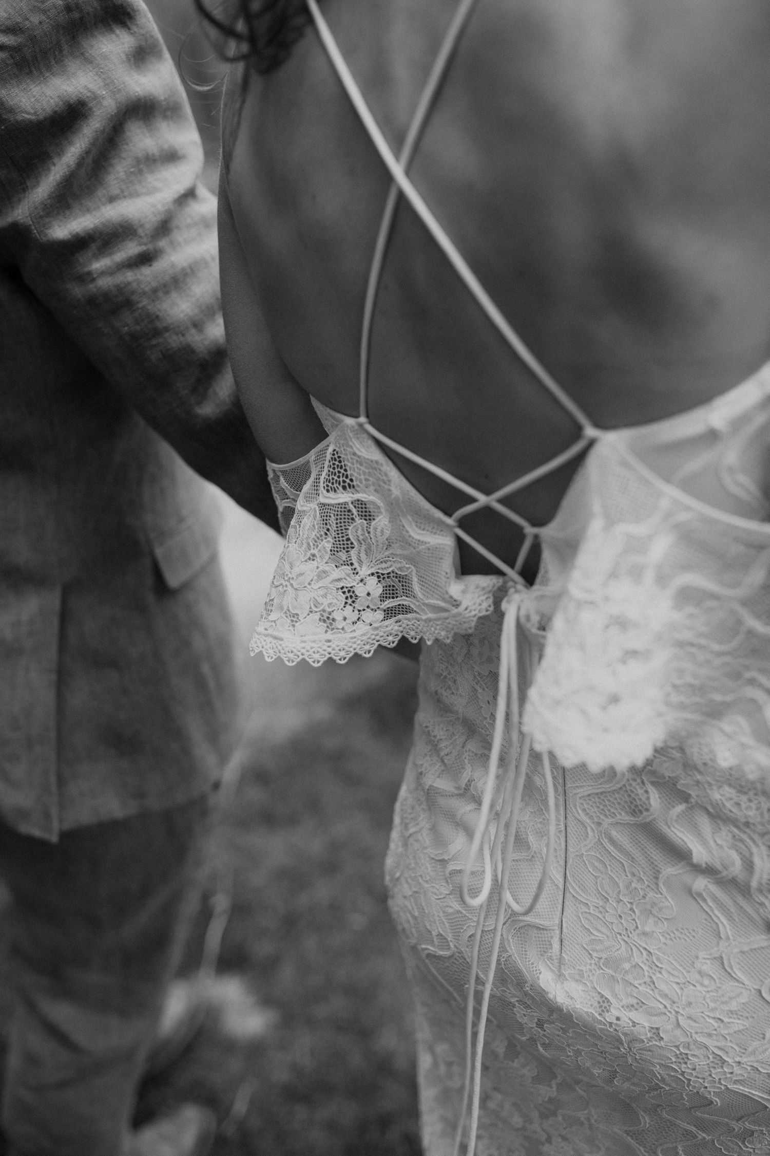 Close-up detail of a wedding dress during getting ready moments