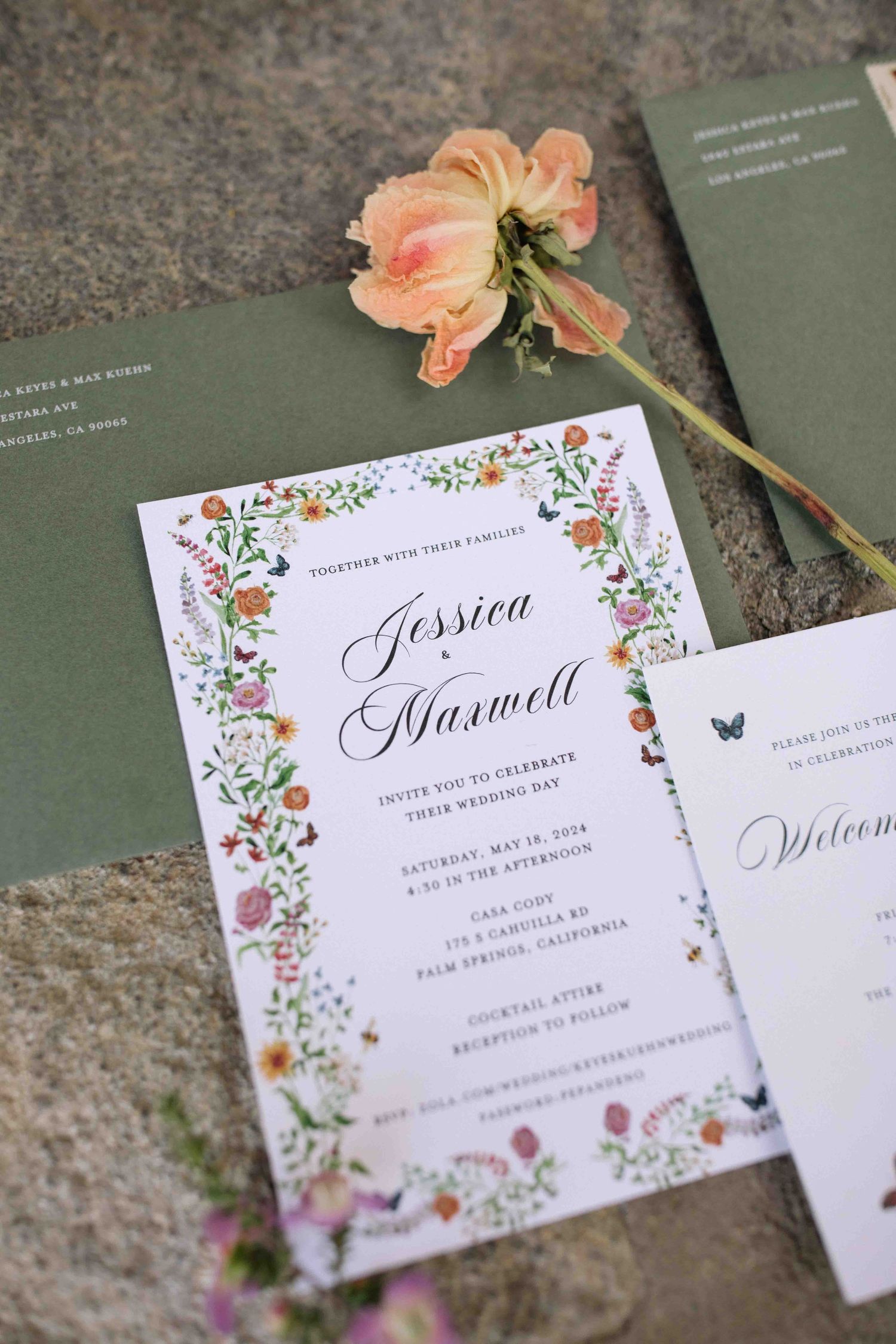 Wedding invitation and paper details photographed in natural light