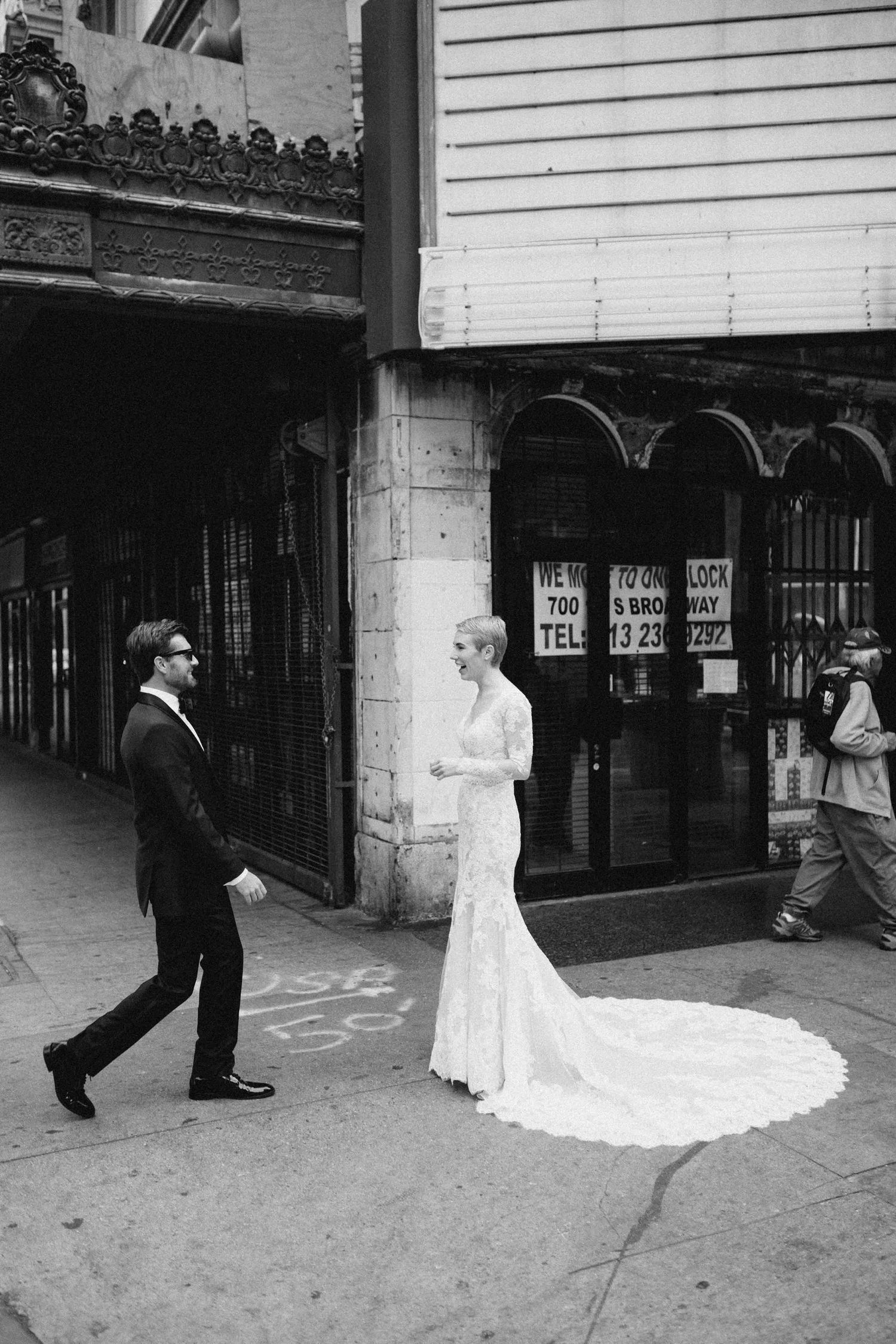 Bride walking outside a wedding venue captured in a documentary style