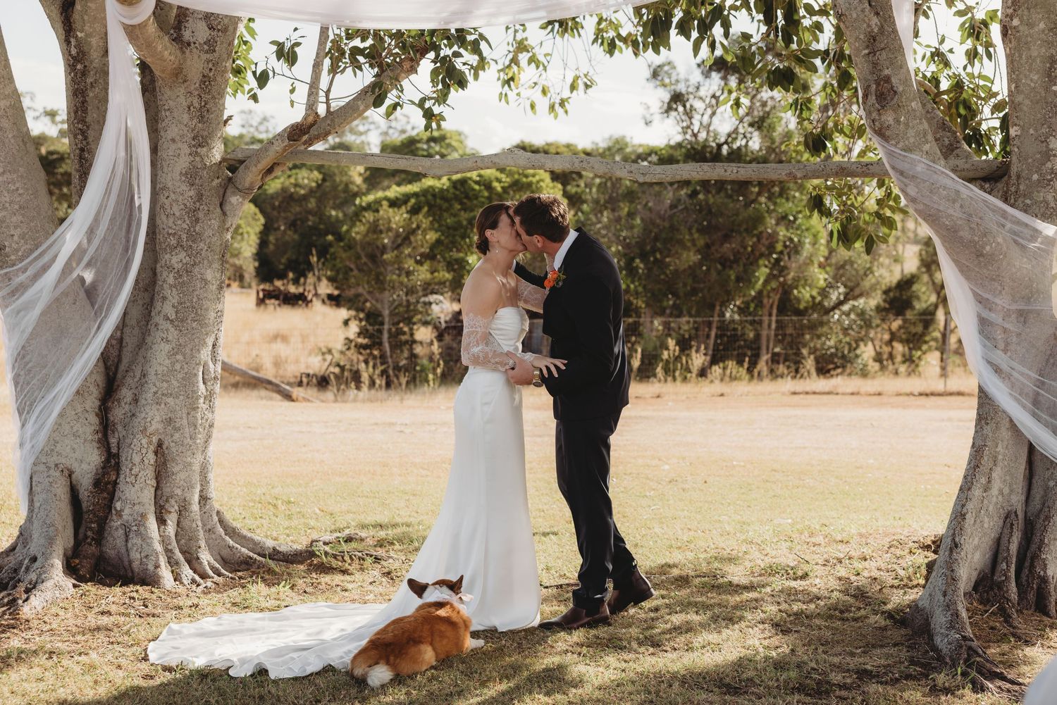 Bride and groom share first kiss under tree arch with dog resting nearby at outdoor wedding.