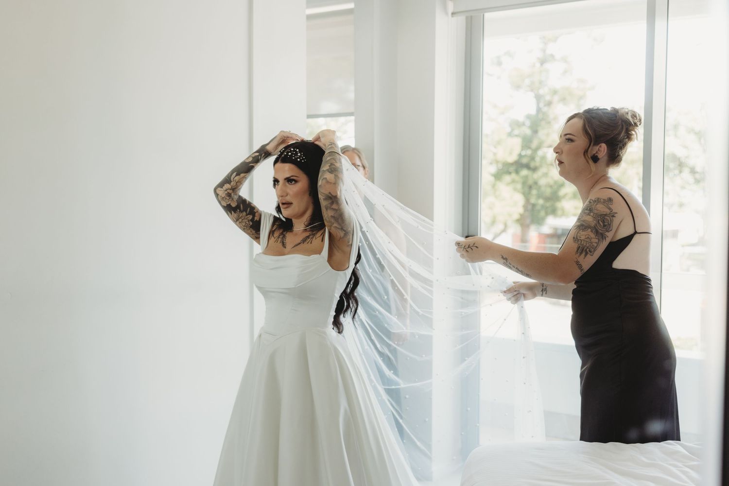 A sequence of photos showing someone adjusting white curtains in a bright sunlit room.