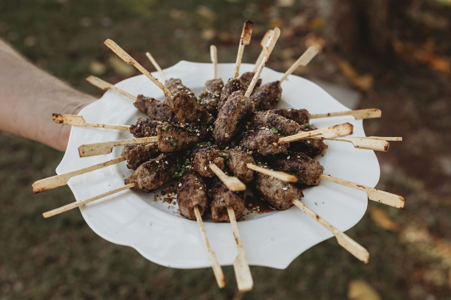 Grilled meat skewers arranged in a circular pattern on a white plate.