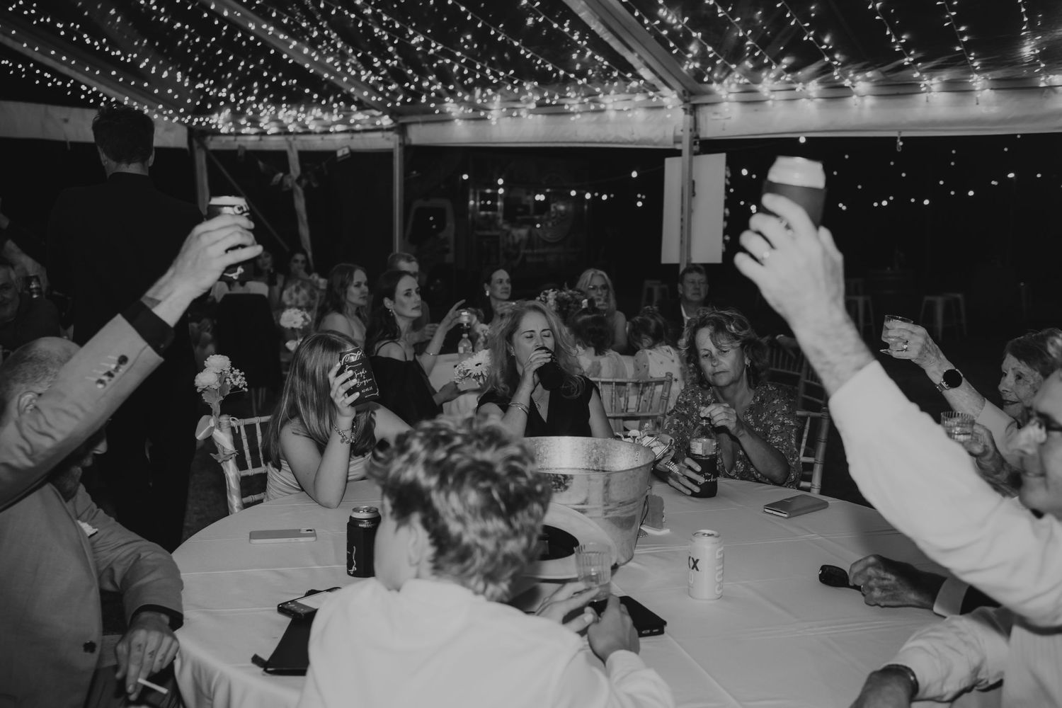 Guests raise glasses in a toast at a wedding reception under twinkling fairy lights.