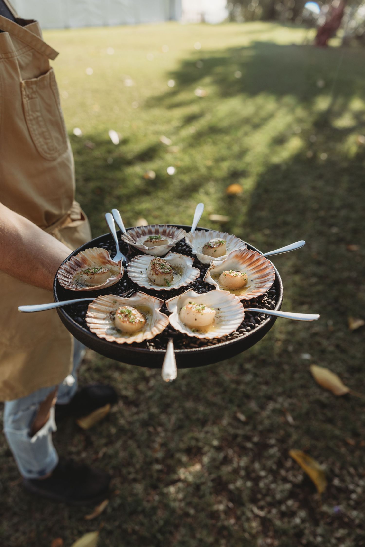 Appetizers served on scallop shells arranged on a black serving platter.
