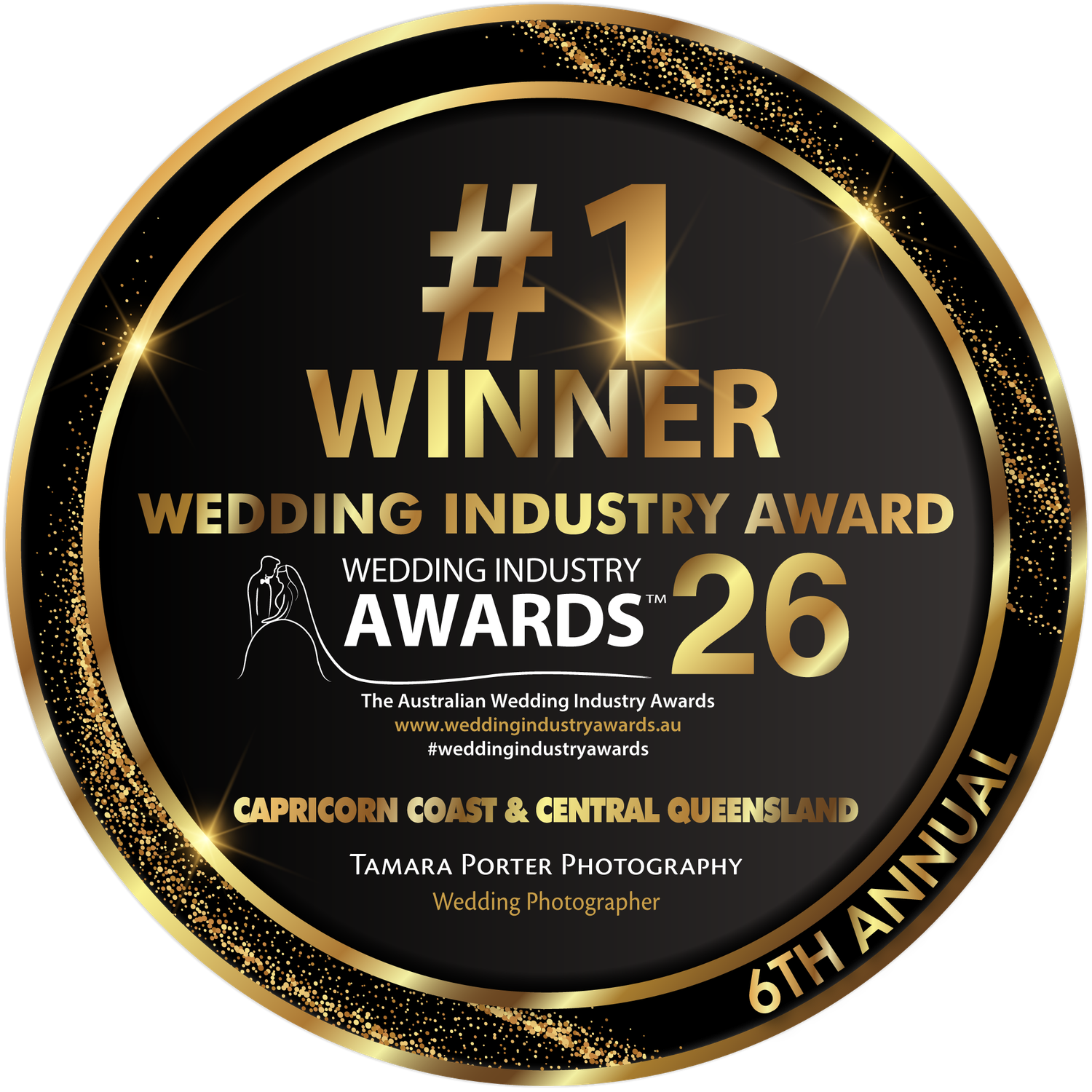Gold #1 Winner Wedding Industry Award badge for Tamara Porter Photography, Capricorn Coast & Central Queensland, 6th Annual.