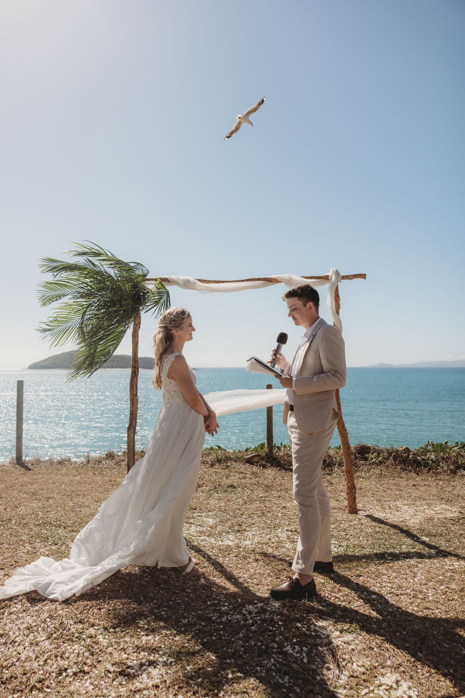 Beach wedding ceremony setup with driftwood arch and ocean view backdrop.