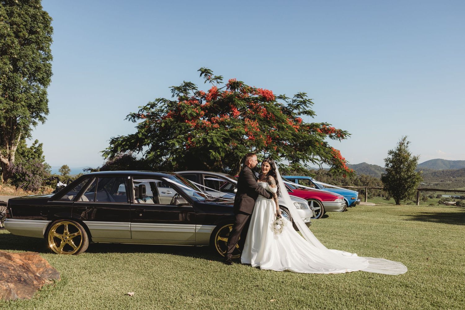 Classic cars parked on grassy hillside with mountain landscape in background.