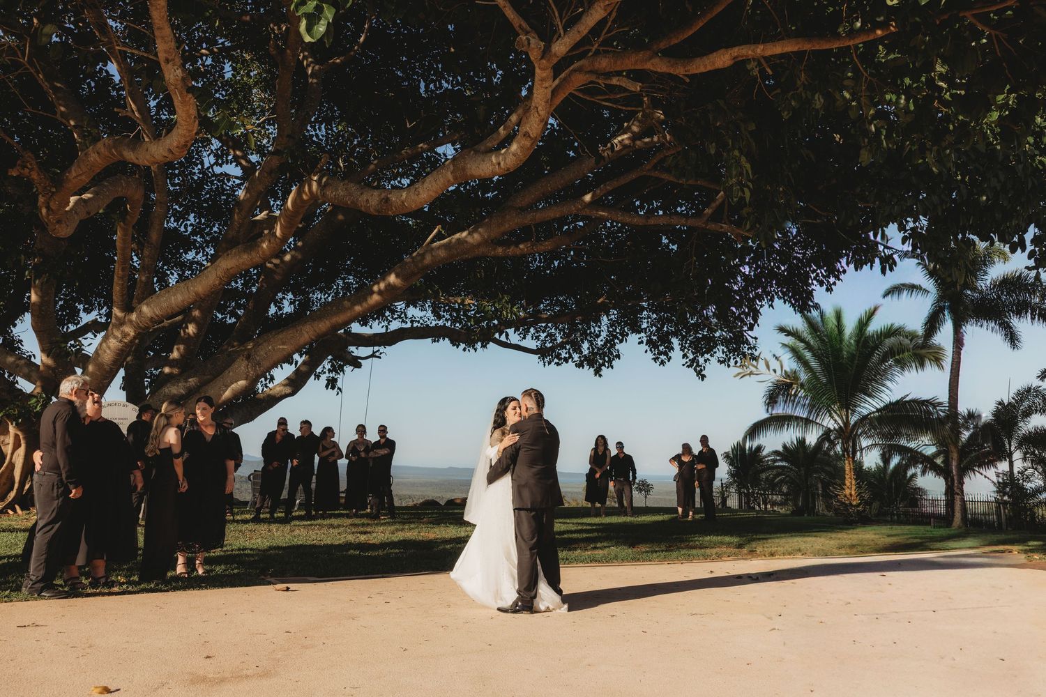 A panoramic view of a scenic outdoor wedding venue with trees and palm trees against a blue sky.