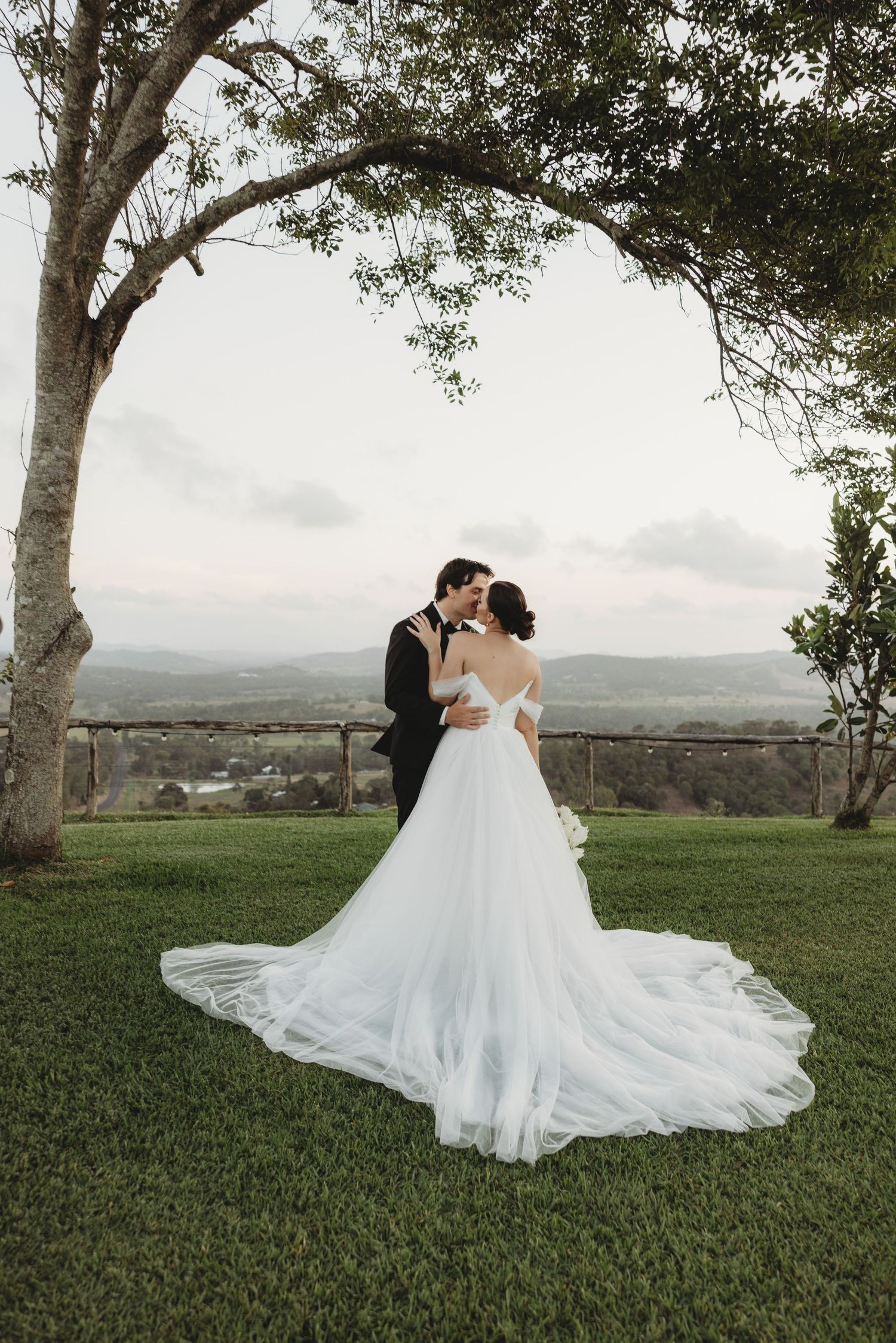 Romantic wedding portrait under a sprawling tree with a flowing white gown and scenic mountain vista.
