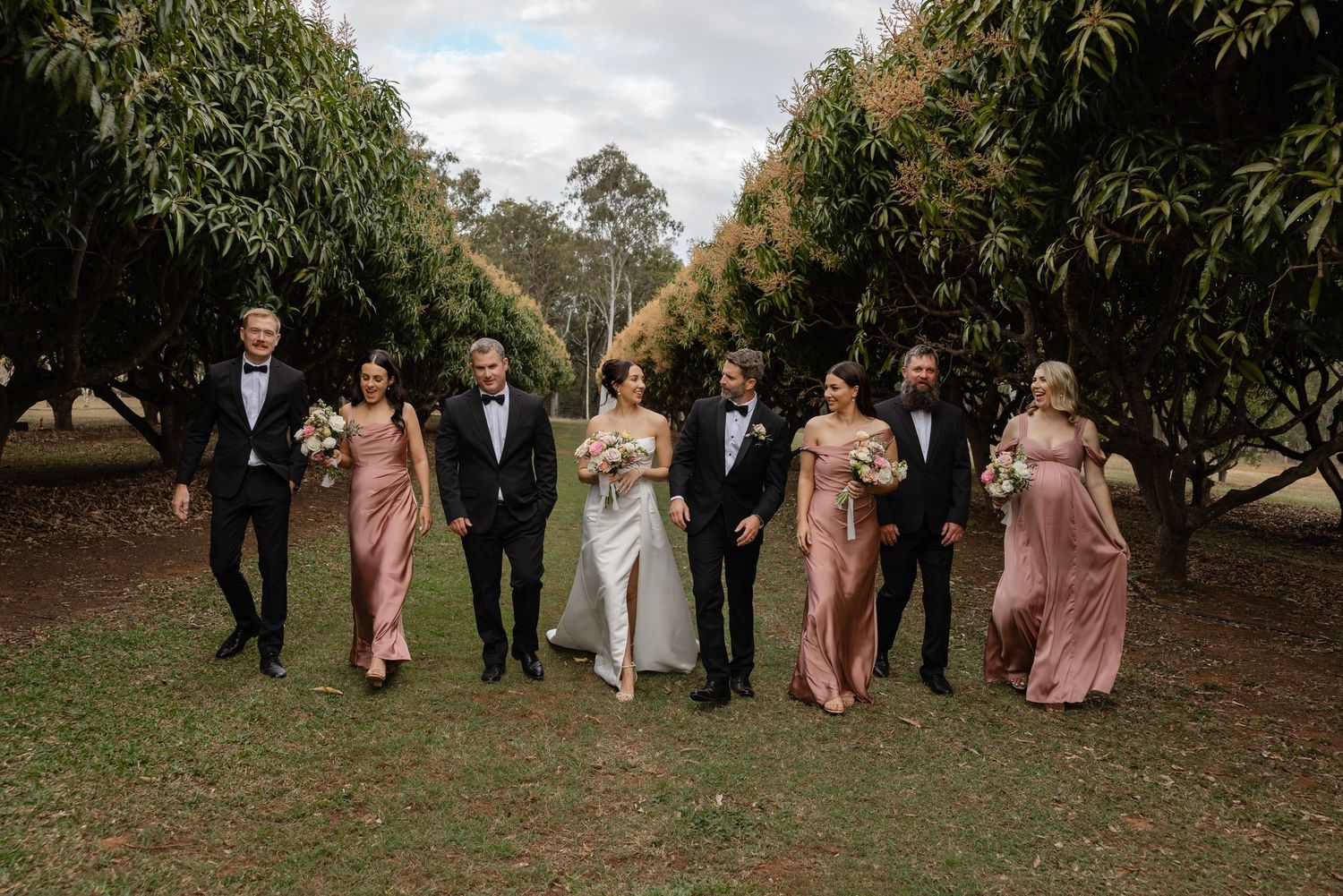 Wedding party walks through orchard, bride in white gown, groom in tuxedo, bridesmaids in pink dresses, groomsmen in black suits.