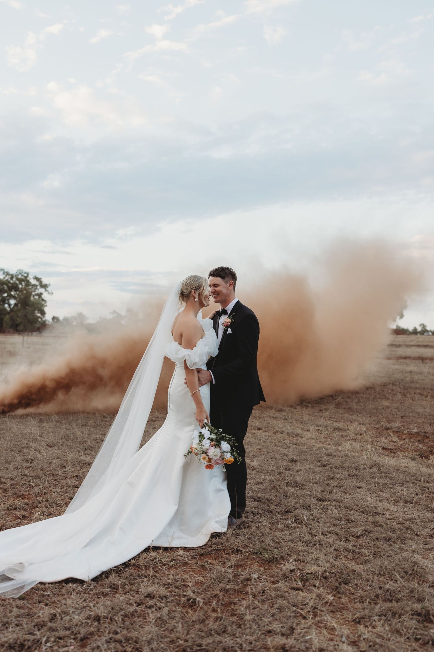 Dramatic wedding photos with dust effects creating ethereal atmosphere in rural setting.