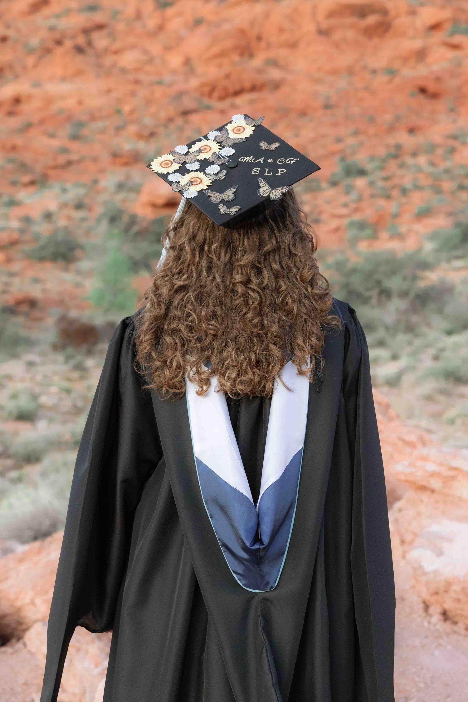 Graduate in black cap and gown with floral decorated mortarboard stands facing red rock canyon landscape.