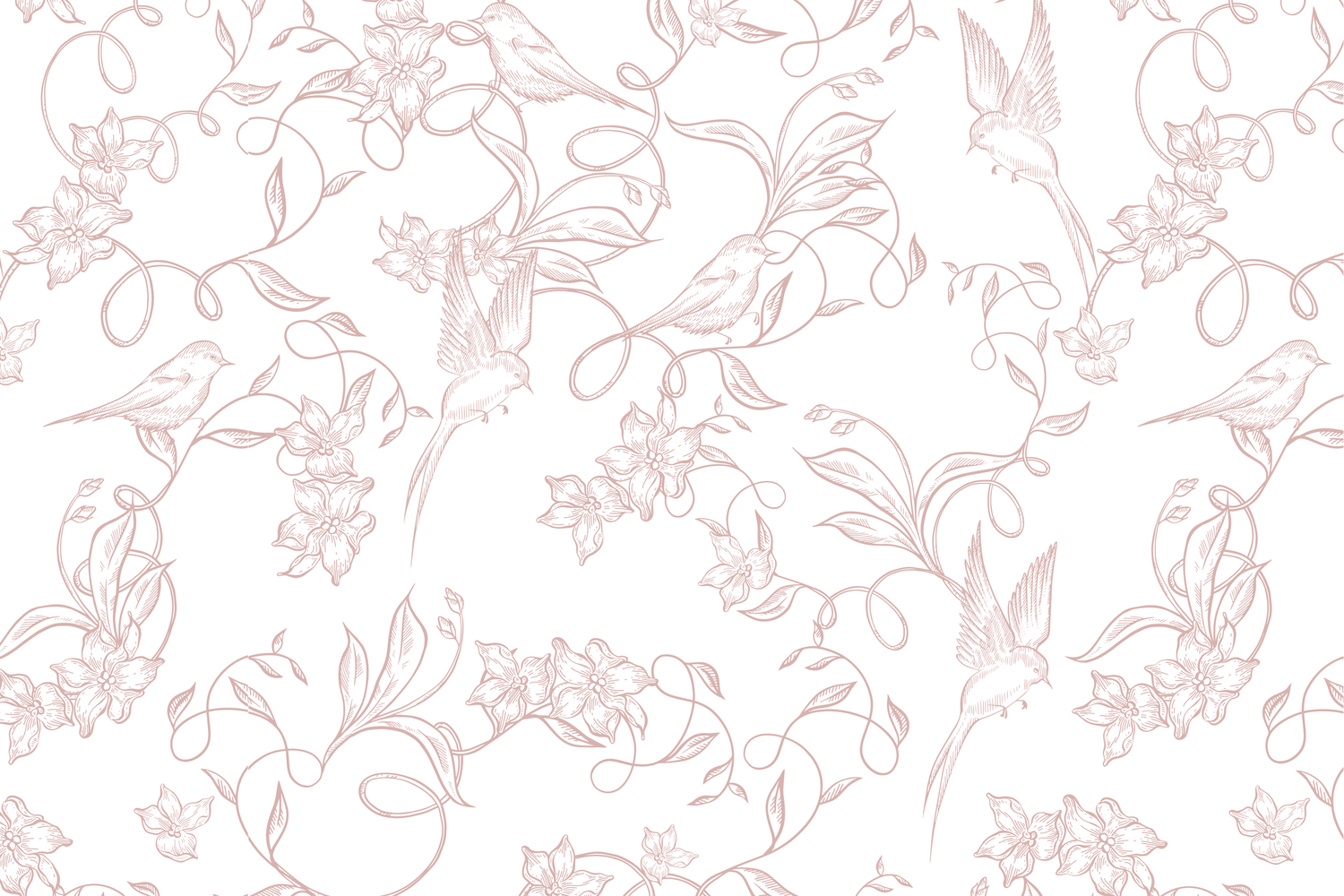 Elegant floral seamless pattern with delicate pink line art birds and flowers on white background.