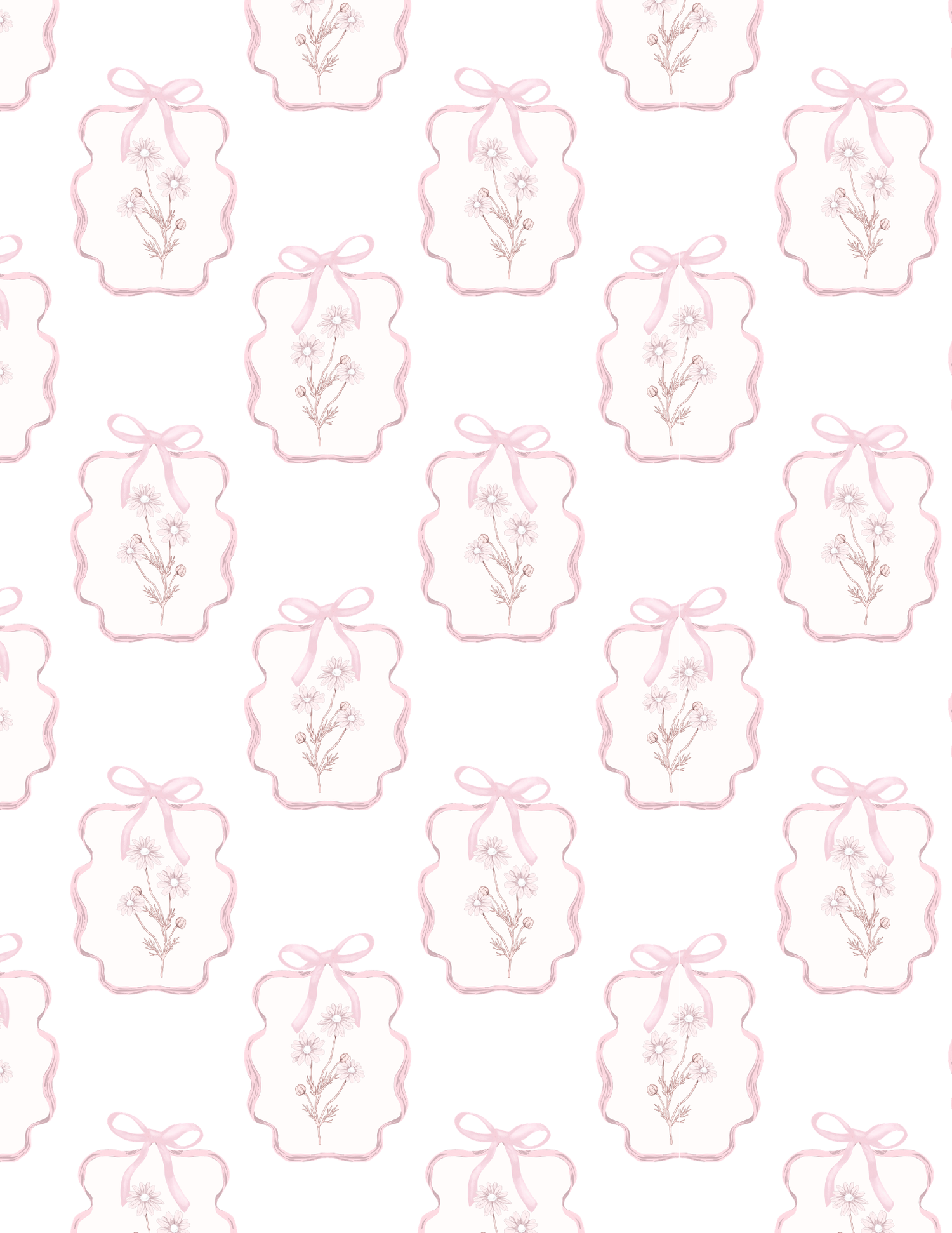 Pink floral bow wallpaper pattern with delicate flowers in scalloped frames on white background.