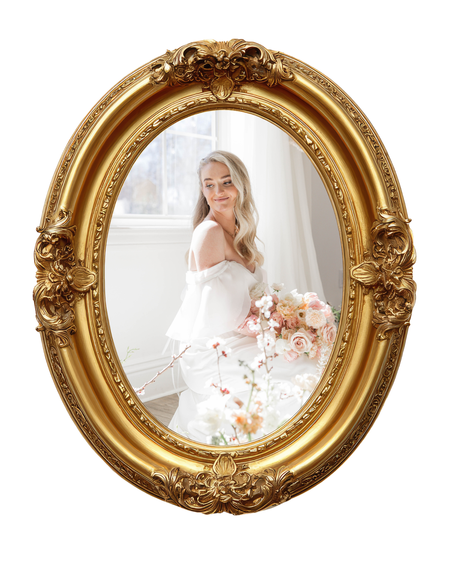 A series of four ornate gold vintage frames showing a bride in white dress with floral details against a light background.