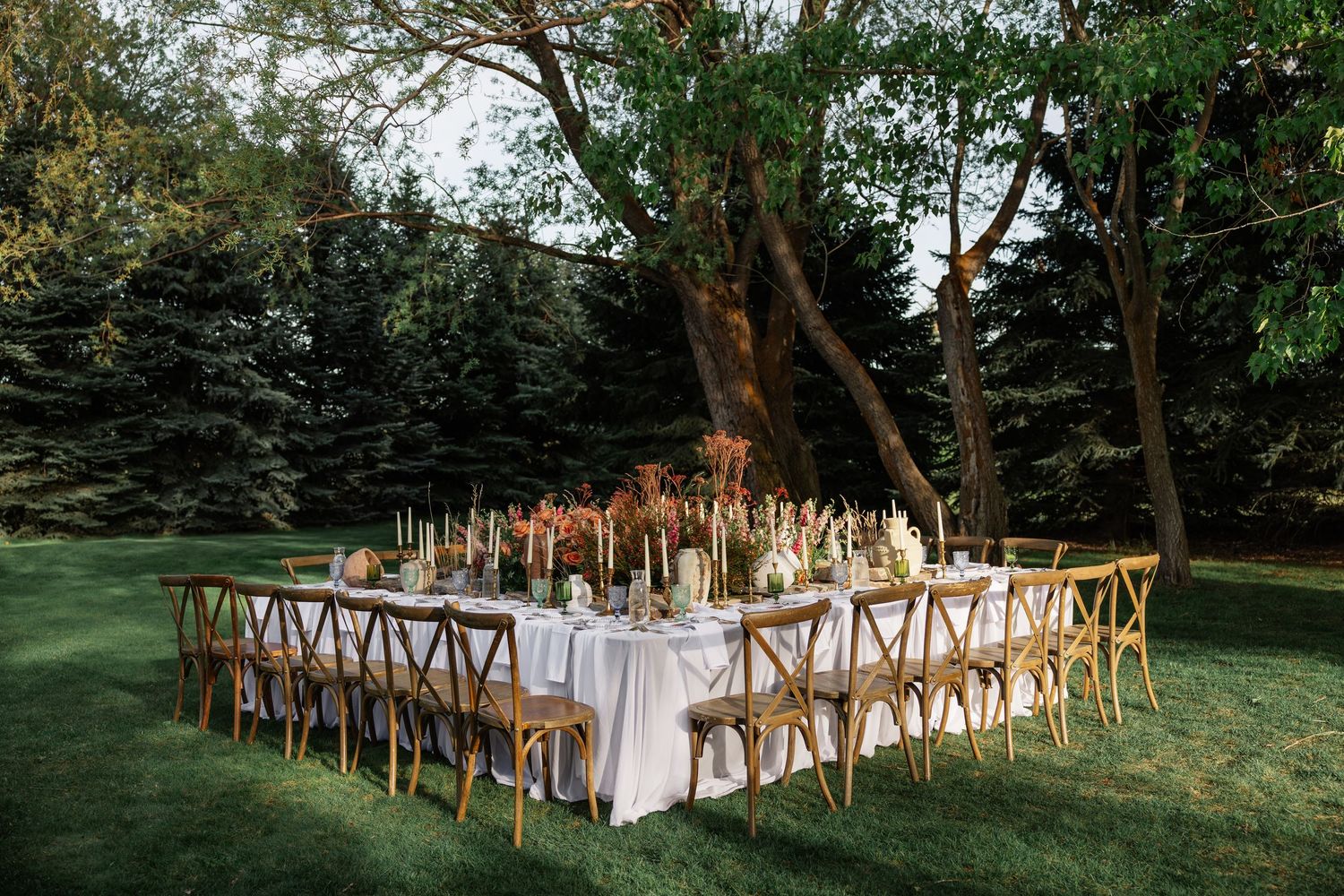 Long outdoor wedding reception table with wooden chairs set under trees at dusk.