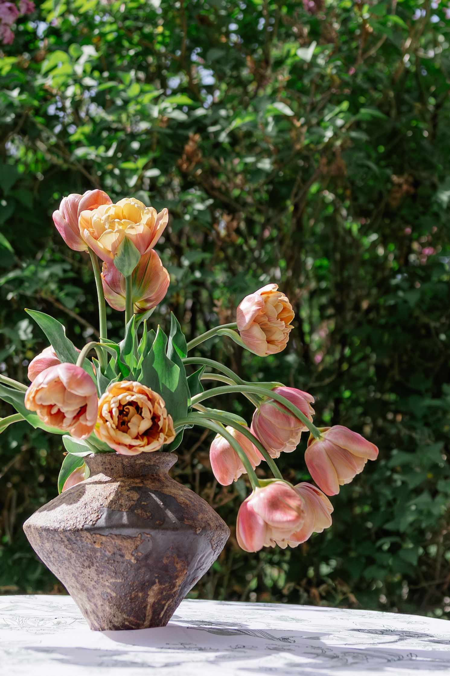 Pink and yellow double tulips arranged in a rustic brown clay vase on a white table with green garden foliage background.