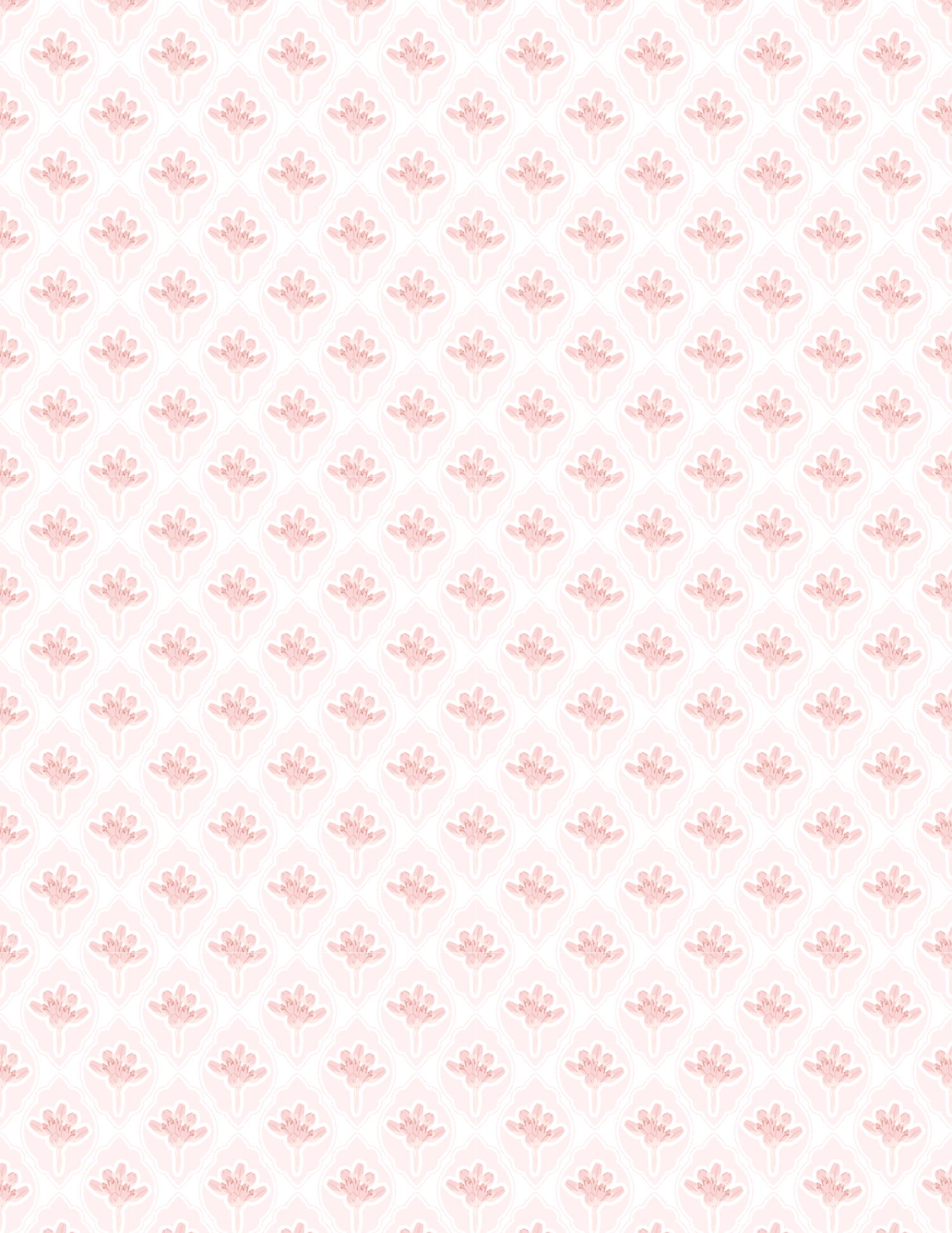 Delicate pink floral damask pattern on white background with repeating small crown motifs in soft pastel hues.
