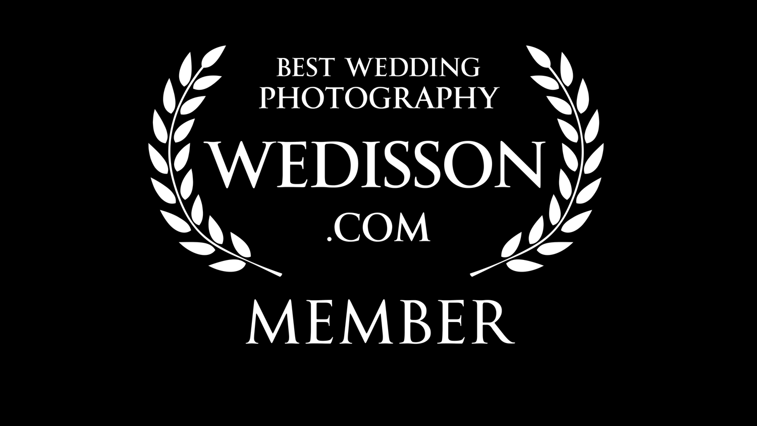 Wedisson.com Best Wedding Photography Member badge with white laurel wreath on black background.