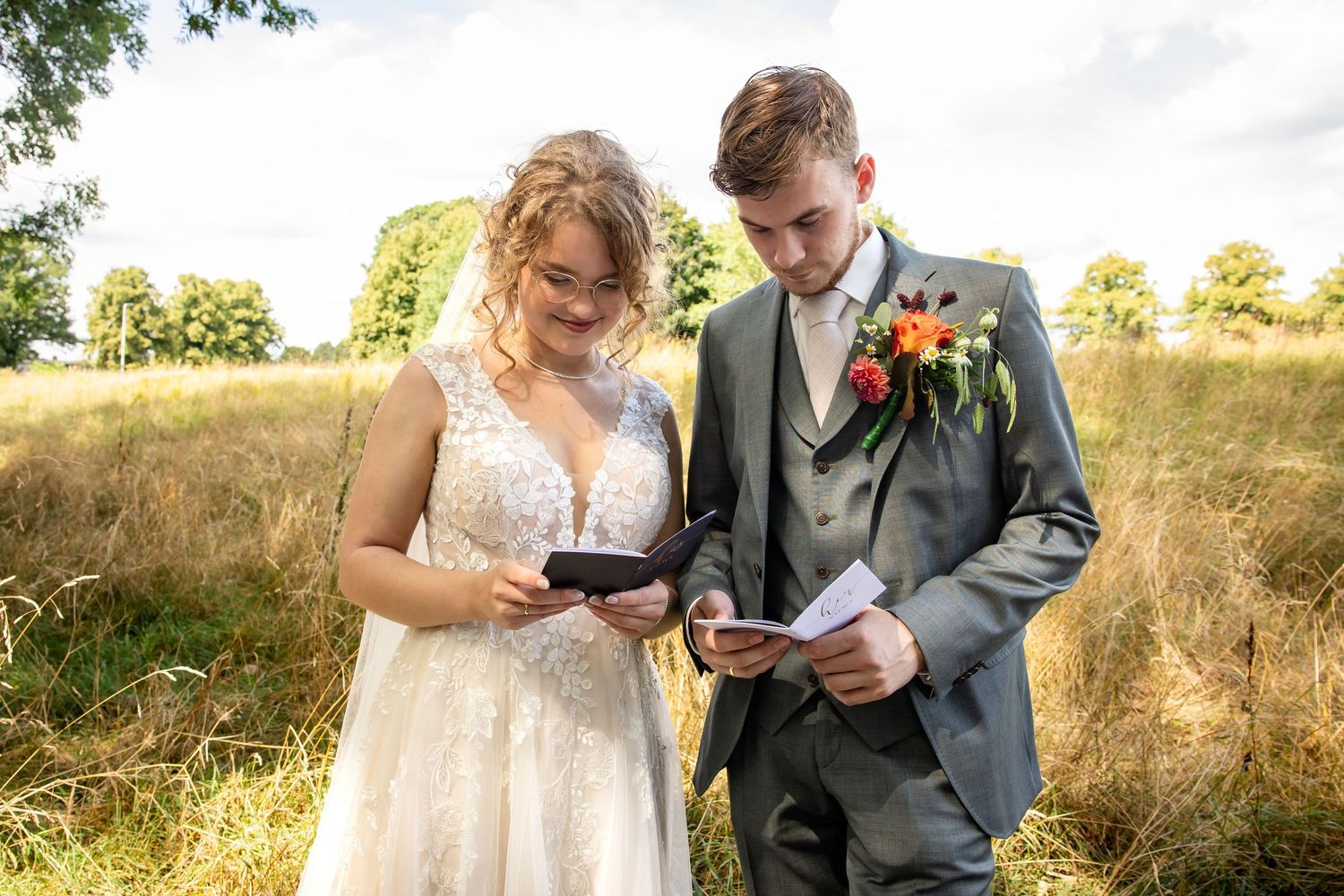 Candid moments captured of a wedding couple and wedding party outdoors during golden hour.