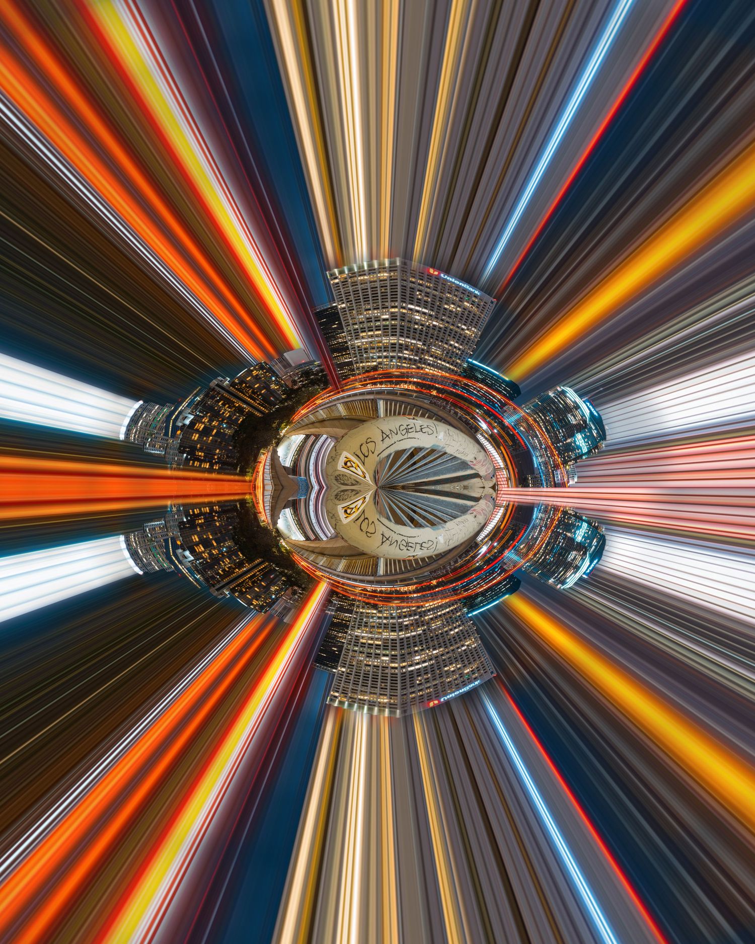 Abstract radial blur effect creating a tunnel of colorful light streaks and architectural elements.