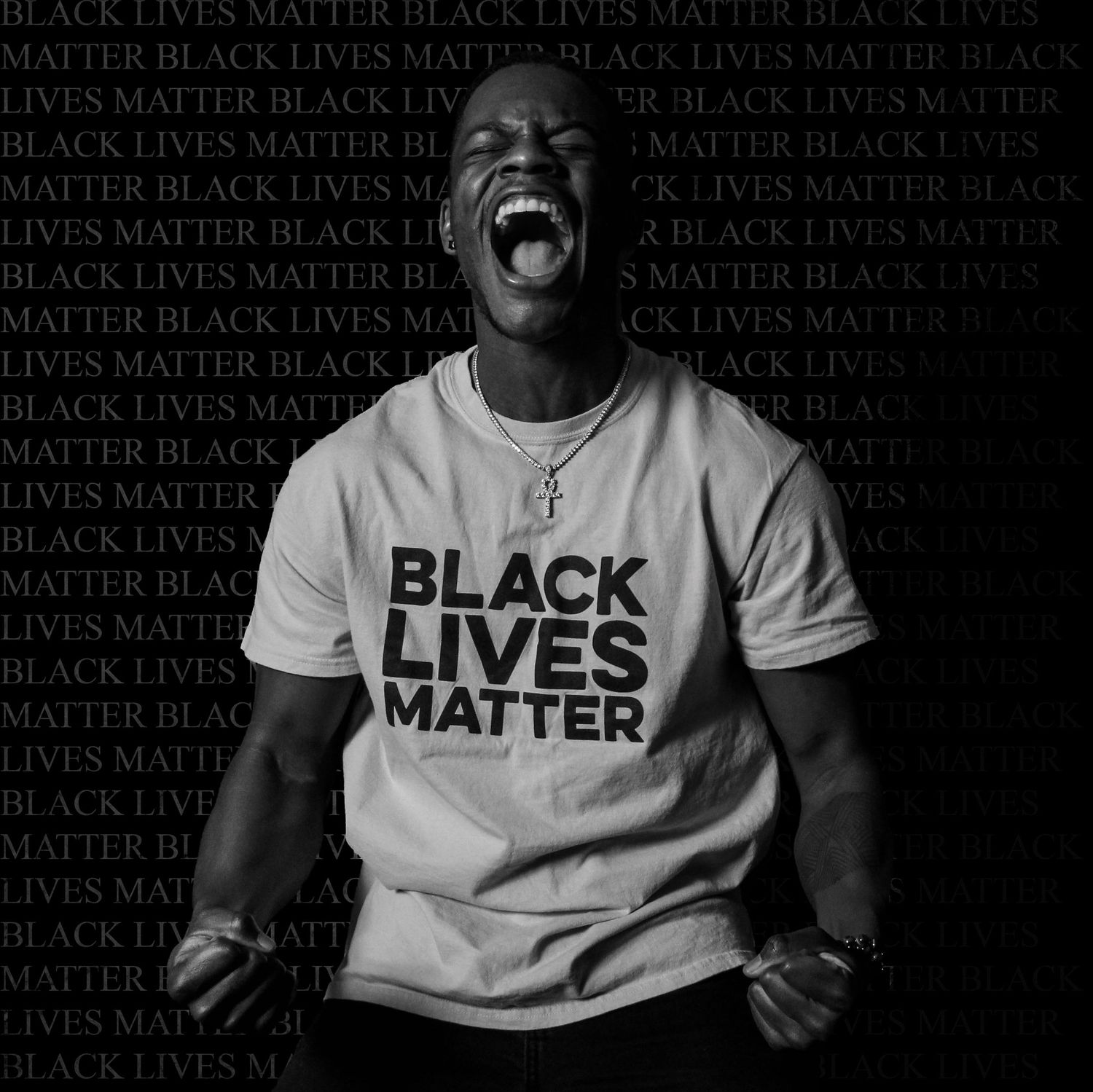 Black and white portrait with text overlay expressing social justice message.