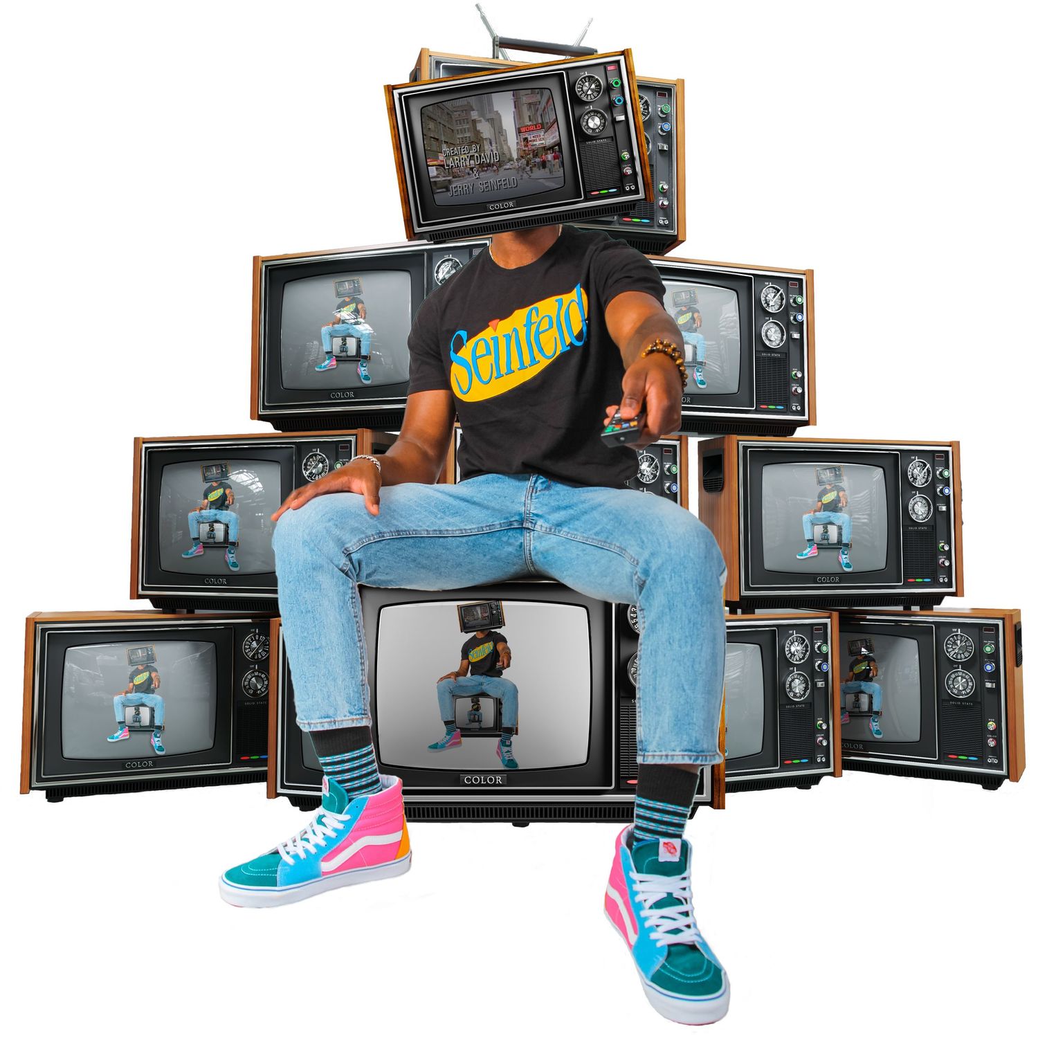 Artistic composition with multiple vintage TVs and colorful sneakers in urban style.