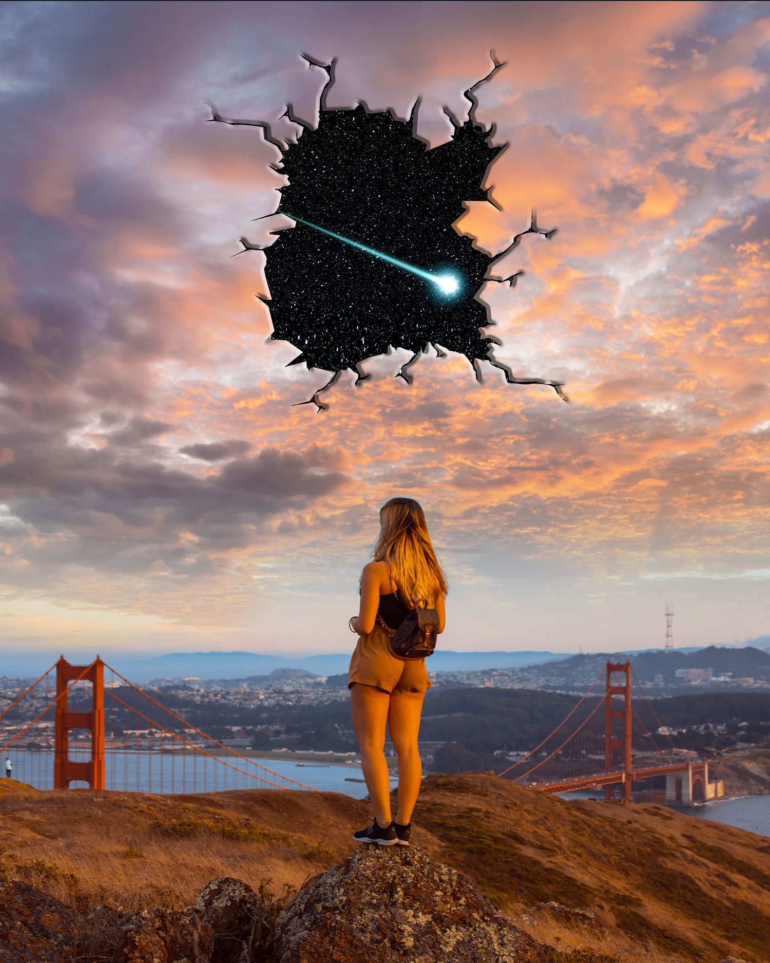 A surreal scene of a person viewing a mysterious black hole in the sky above the Golden Gate Bridge at sunset.