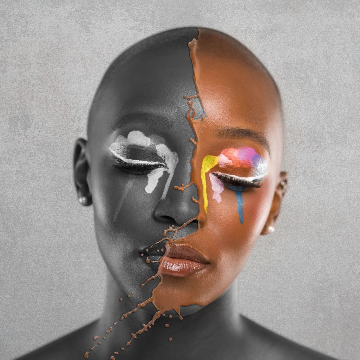 Abstract portrait series showing face fragmenting into colorful geometric shapes against gray background.