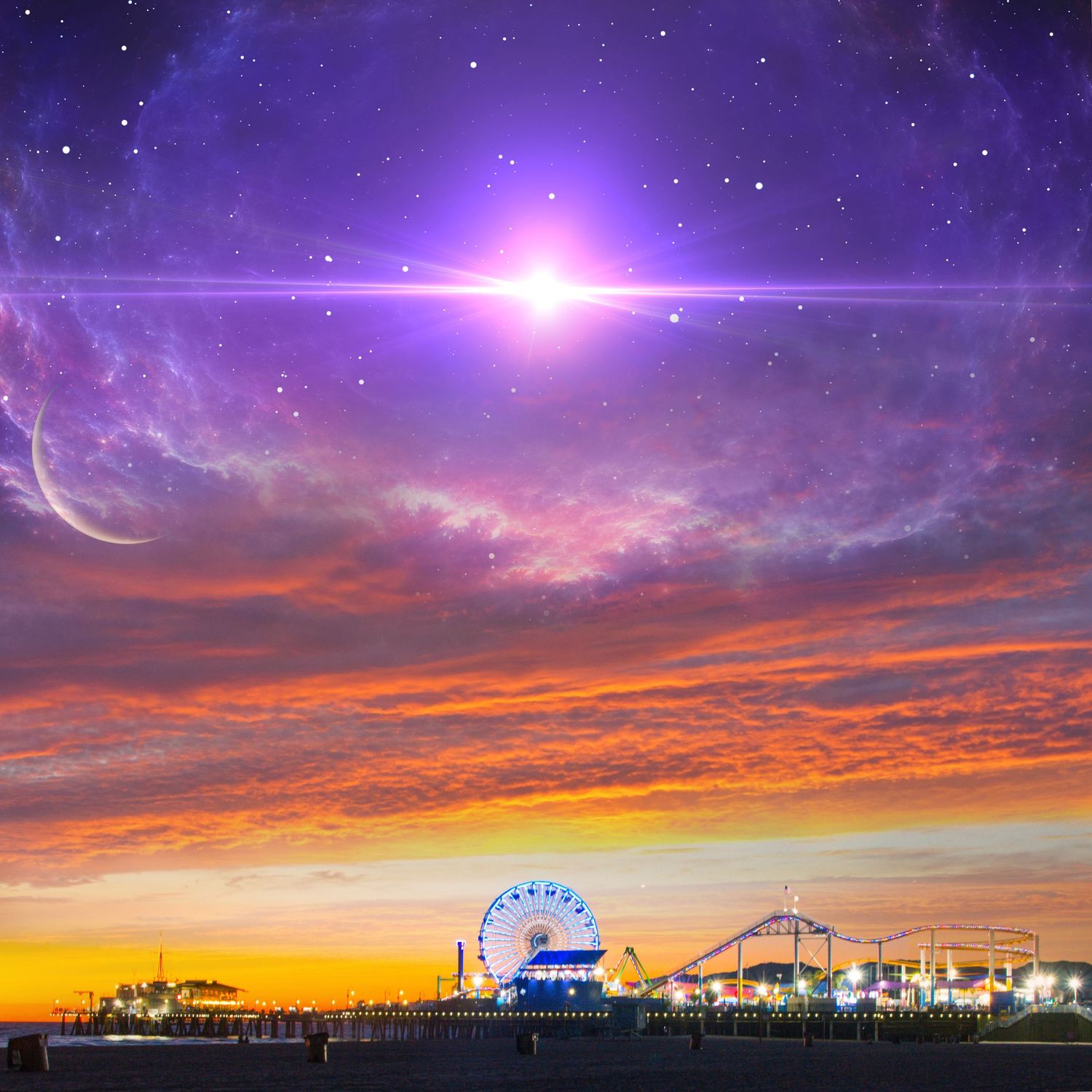 Dramatic sunset over Santa Monica Pier with ferris wheel silhouetted against purple and orange sky.