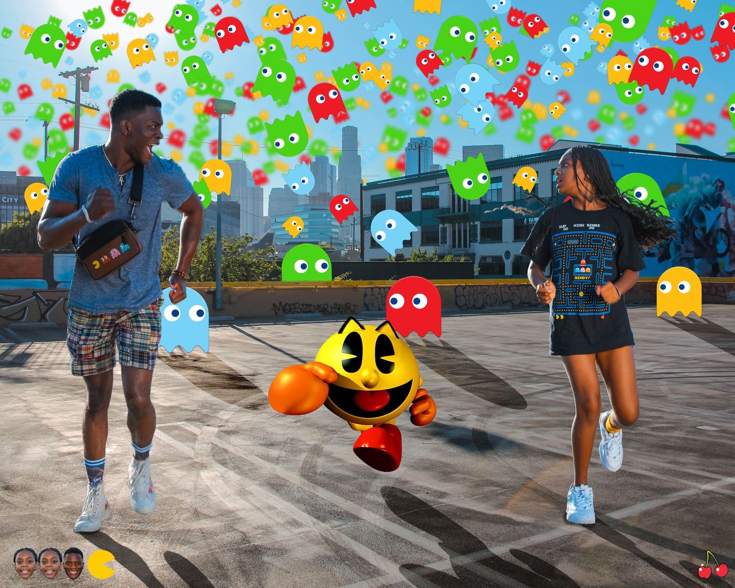Digital art combining Pac-Man characters with urban street scene and bright colors.
