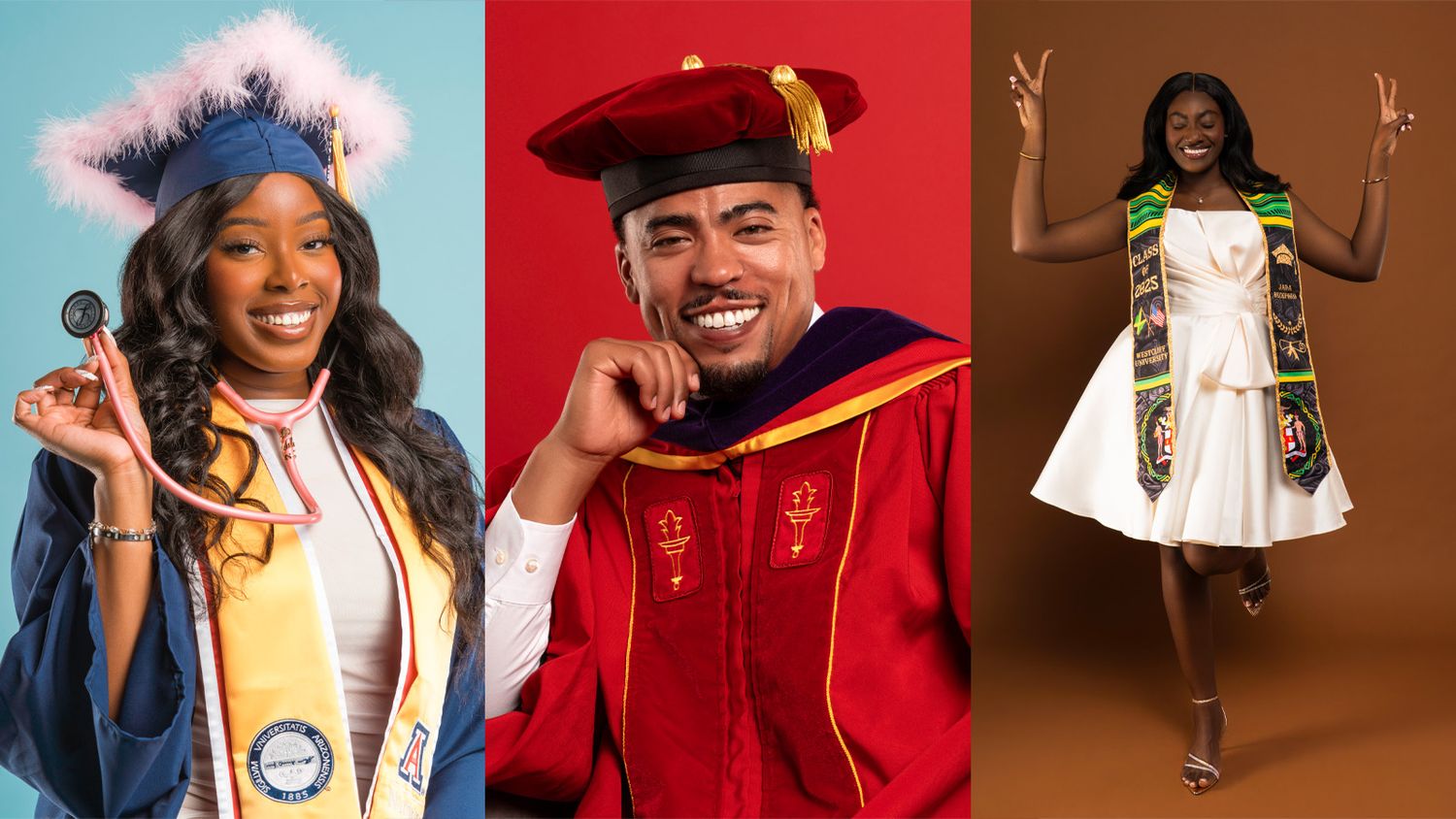 Triptych of three Black graduates in colorful academic regalia celebrating their graduation achievements.