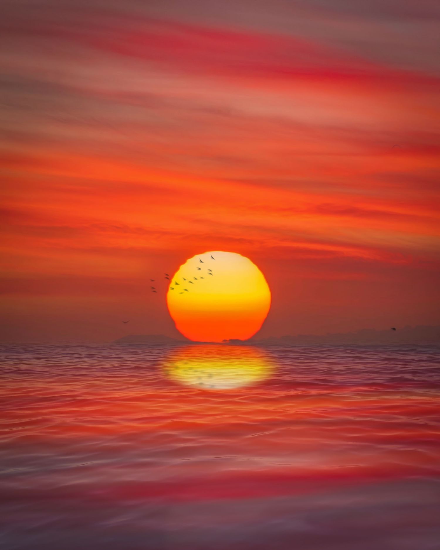 Vibrant orange sunset over calm ocean with perfect reflection of sun on water.