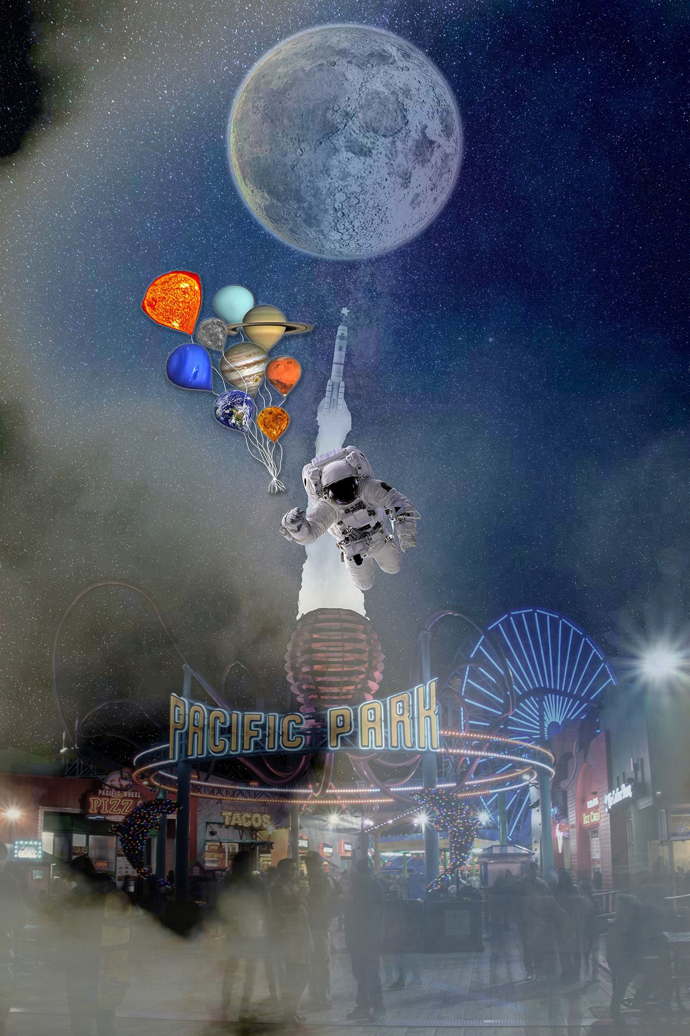 Surreal composite of astronaut holding planet balloons over amusement park at night with full moon.